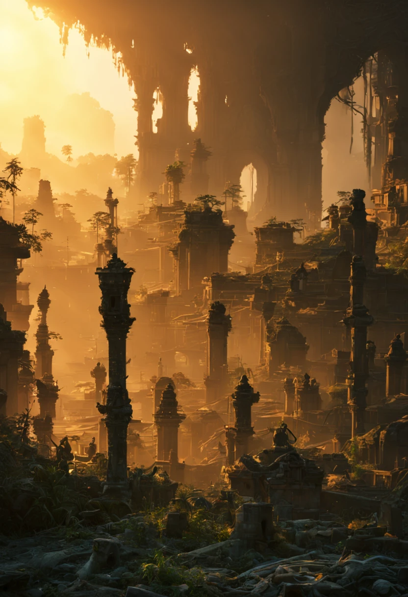 Sunset cascades through the crumbling arches of an overgrown ancient Cambodian city,Shot from the jungle near an abandoned magnificent temple, mysterious silhouettes of monkeys swinging amidst the ruins, birds dotting the fiery sky, lens flare bursting dramatically, sharp focus on the eerie beauty of the jungle's embrace, 32K resolution, cinematic landscape captured in ultra HD, realistic and vivid colors painting the scene, a highly detailed UHD pen and ink interpretation, perfect composition adhering to the golden ratio, an octane render trending on Art station 8K octane render, photorealistic concept art, soft volumetric light crafting an atmospheric cinematic feel, award-winning style, reminiscent of an oil painting by masters like Raphael apturing the vivid details of the scene, canvas embroidered with the techniques of Greg Rutkowski, Loish, Rhads, Beeple, Makoto Shinkai, Edit 8 k art photography , photorealistic conceptual art, soft natural volumetric cinematic perfect light, luminosity, award winning photography, masterpiece.