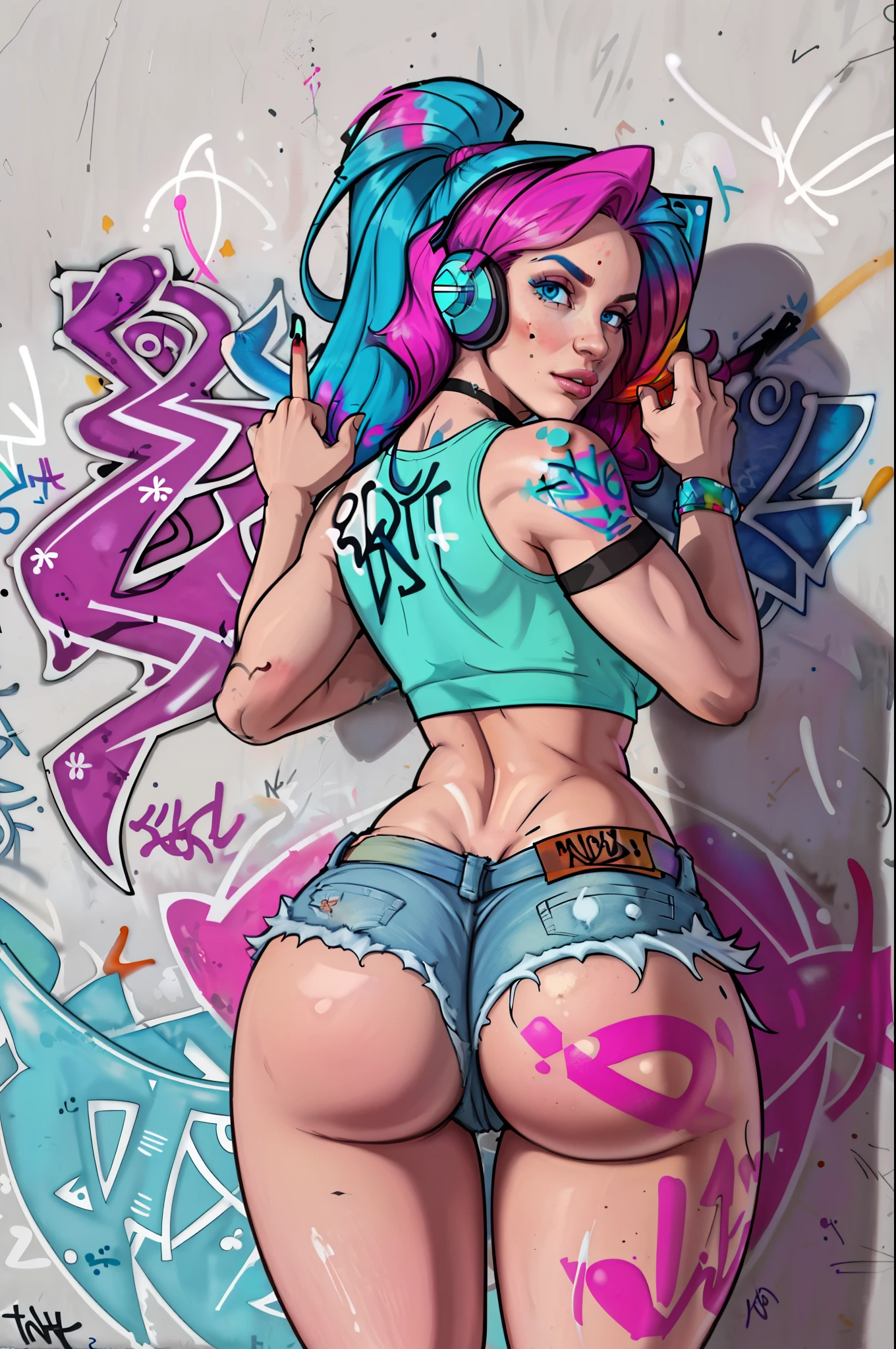 masterpiece, best quality, 25 years old beautiful woman, long hair, (mature face:1.4), 1woman, solo, crop top, denim shorts, choker, (from behind:1.4), plumb ass, thick thighs, thin waist, (graffiti:1.5), paint splatter, arms behind back, against wall, looking at viewer, armband, thigh strap, paint on body, head tilt, bored, multicolored hair (pink, blue), aqua eyes, headset