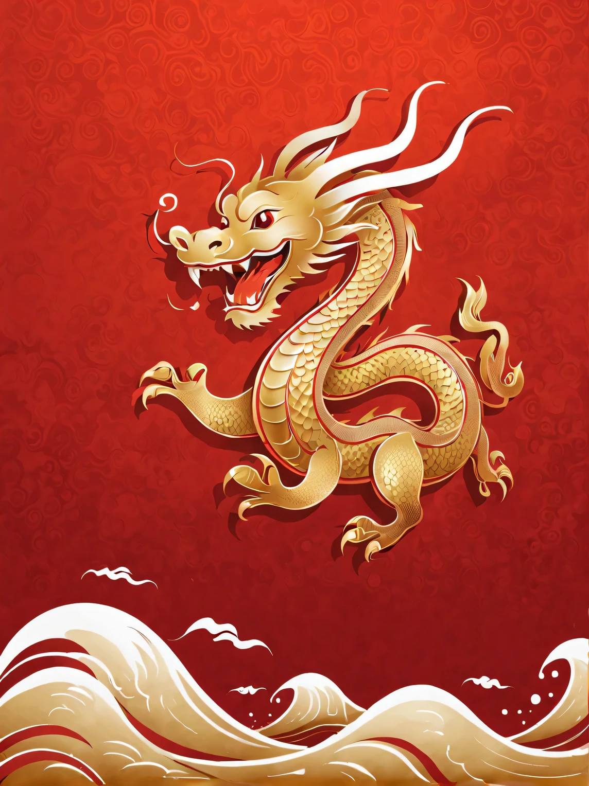 Sketch style, Simple golden negative space on Chinese red background, Smiling happily and cutely, Minimalist Chinese dragon walking, dynamic action, golden english thin line "Marine art" Width, "Marine art."
flat, vector, clip art, Greg Staples style, Opat,