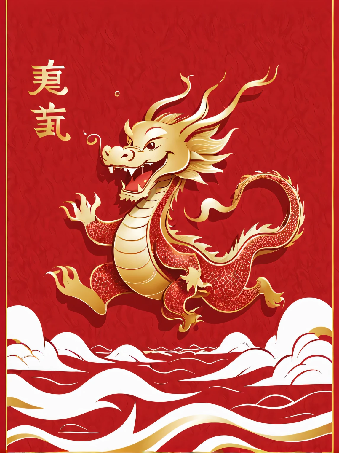 Sketch style, Simple golden negative space on Chinese red background, Smiling happily and cutely, Minimalist Chinese dragon walking, dynamic action, golden english thin line "Marine art" Width, "Marine art."
flat, vector, clip art, Greg Staples style, Opat,
