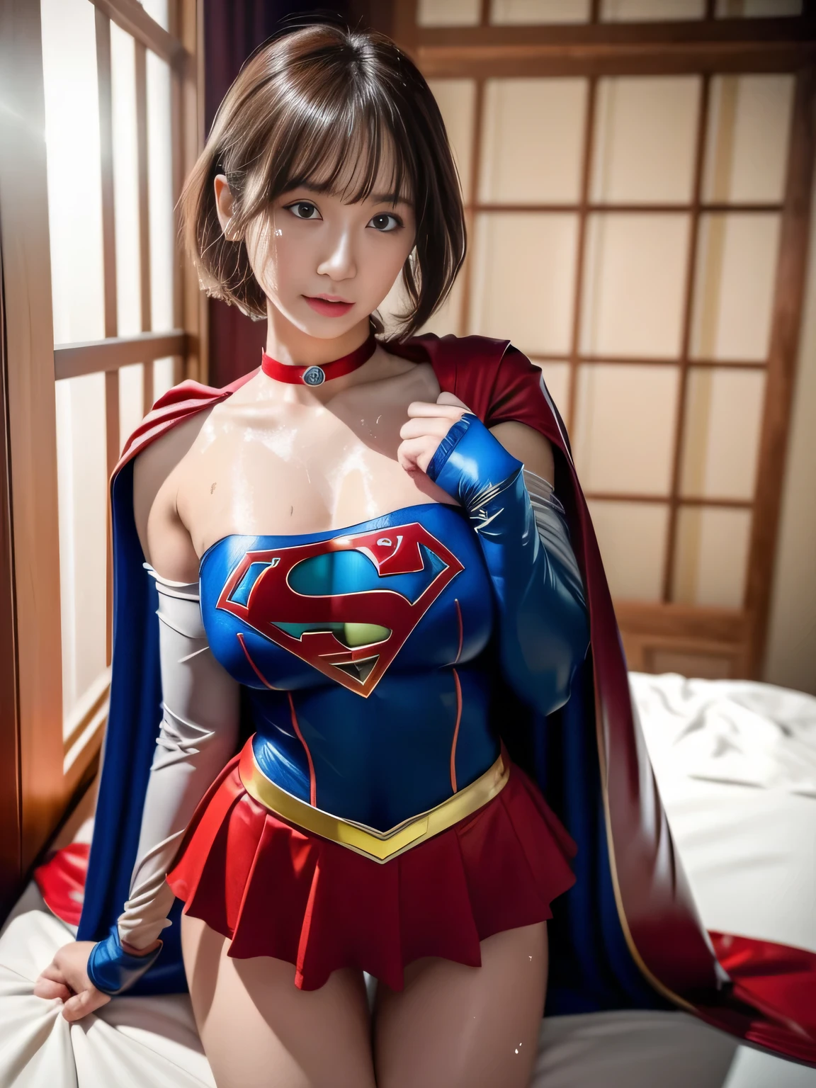 masterpiece、Supergirl costumes、short hair、Intensive care unit、operating table、barefoot、straddle、M-shaped legs、wide open legs、big and full breasts、red mini skirt、look at the camera、Sweat、Cowgirl、Sweatでいっぱい、発Sweat、Sweat scattering、Sweat wet、choker、long sleeve、Fluttering cloak、Photo session