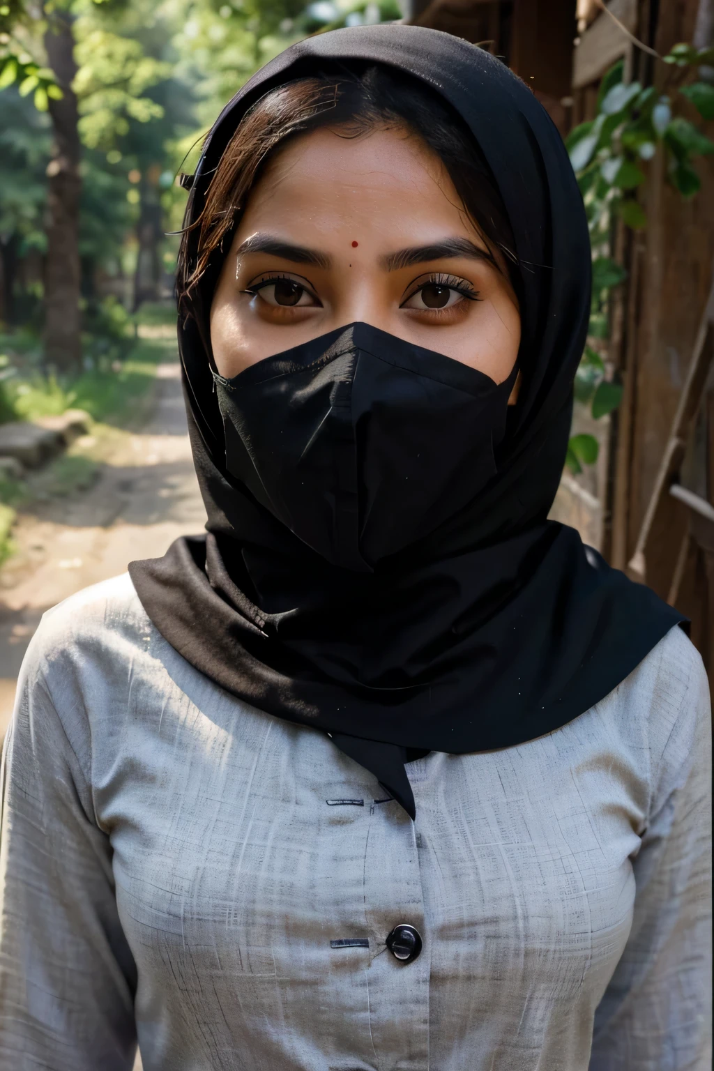 realistic hot kashmiri girl leader, seamlessly blending traditional Kashmiri culture with traditional kashmiri attire whose face is covered with long burkha like mask , promoting inclusivity, positive change and a unique perspective in kashmiri mountaions and forests