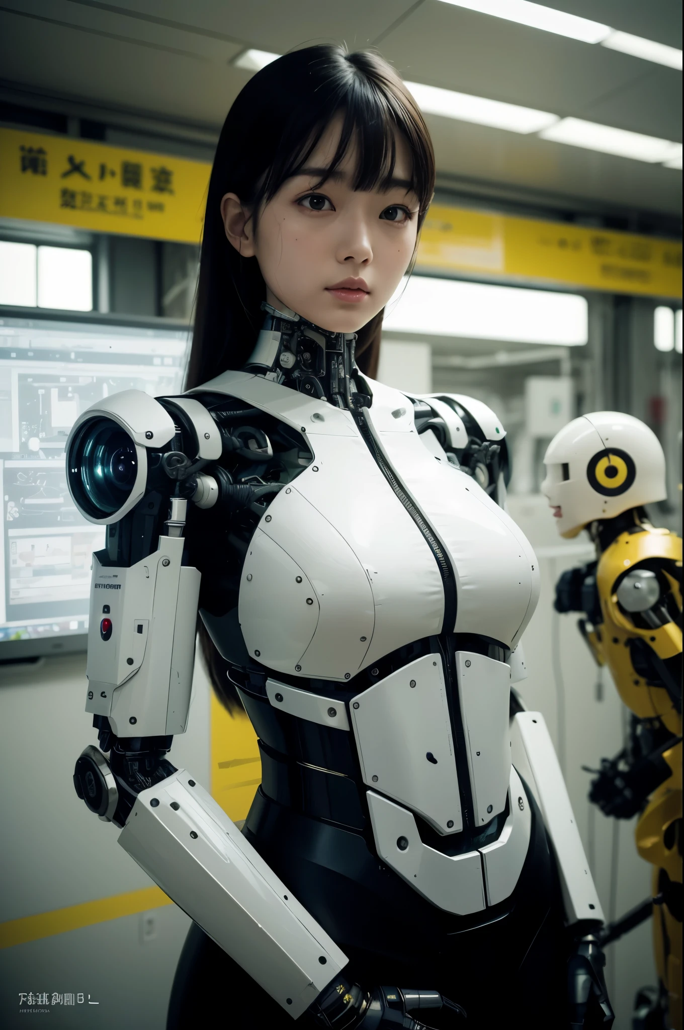 masterpiece, best quality, extremely detailed, Japaese android girl,Plump , control panels,android,Droid,Mechanical Hand, Robot arms and legs, Black hair,Blunt bangs,perfect robot girl,long tube,thick cable connected her neck,android,robot,humanoid,cyborg,japanese cyborg girl ,robot-assembly plant,She is assembling now,assembly scene