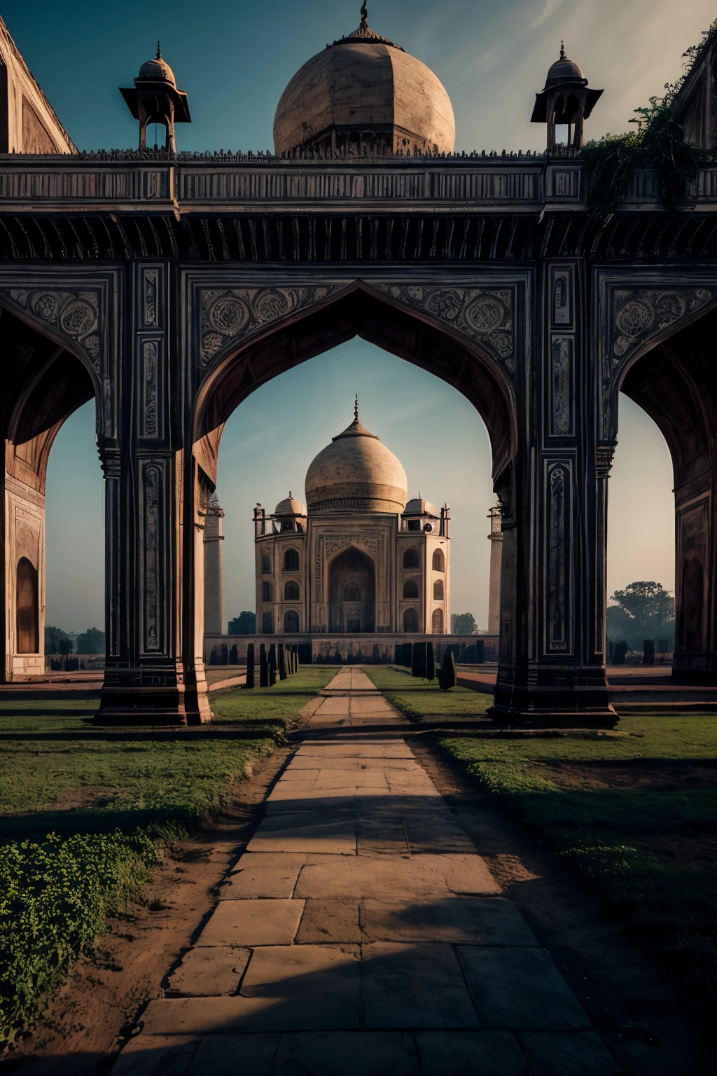 Masterpiece, obra maestra, hiperrealismo, cinematographic image, 8K, profundidad de campo, cinema lighting, A Post apocalyptic long shot of the typical iconic image of the Taj Mahal, (en ruinas),full of greenery, image Post apocalyptic and dystopian, dome route