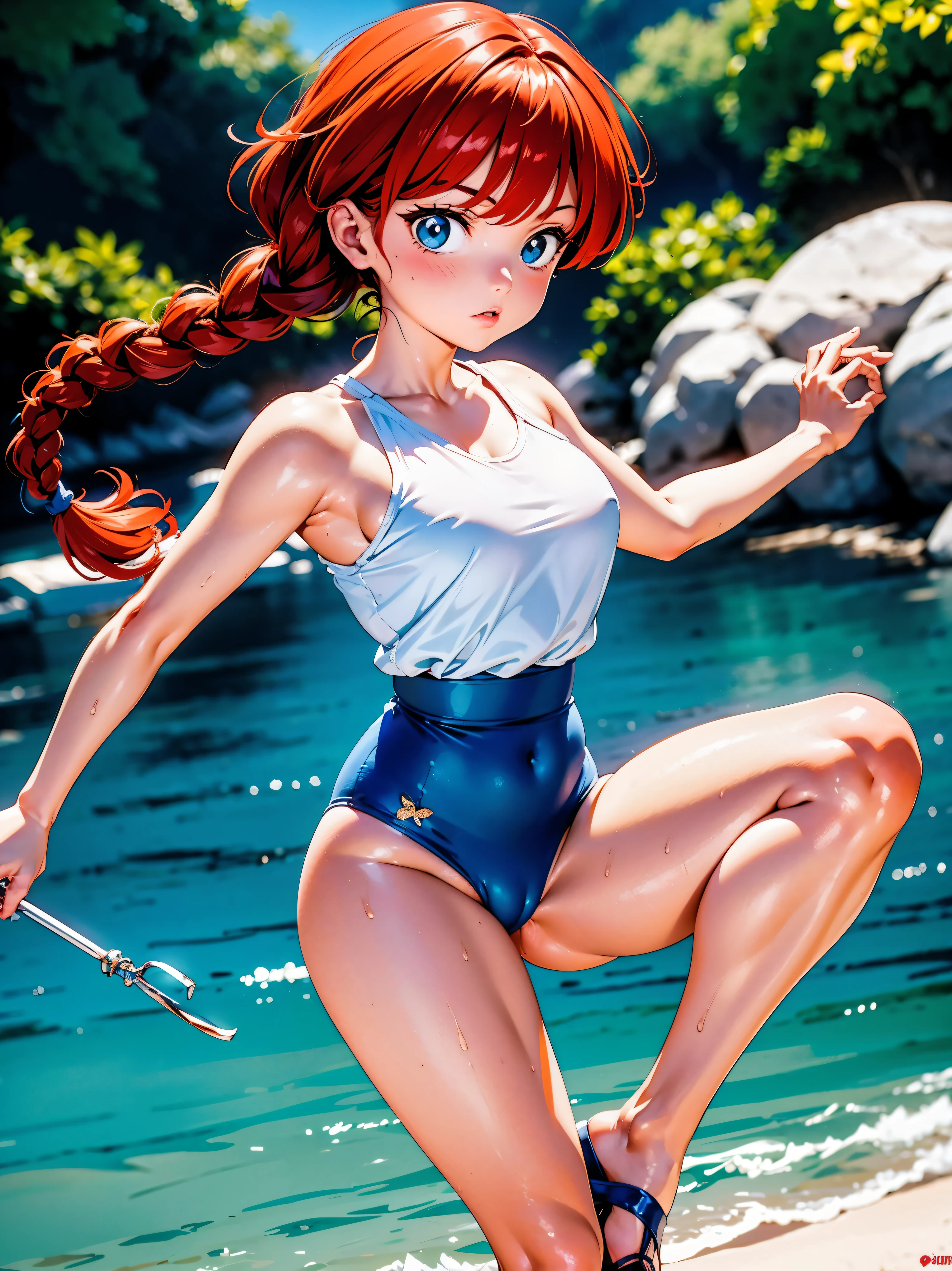 Garota anime ruiva de regata branca, garota ruiva usando camisa regata branca e short azul, , corpo bonito, seios grandes, with your hands behind your head, running your hands through your hair, garota sexy, red hair with braid, gorgeous lighting, sombras suaves, olhos azuis, pernas bonitas, hair with braid, estilo anime, Ranma Chan, Autora Rumiko Takahashi, Baseado em obra de Rumiko Takahashi, Anime Ranma 1/ 2, decote sexy, quadril robusto, corpo inteiro, corpo completo, busto grande, garota jovem com corpo belo e bonito, sandals on the feet, garota 16 anosbaixa estatura, camisa regata branca e short azul, garota anime, estilo anime