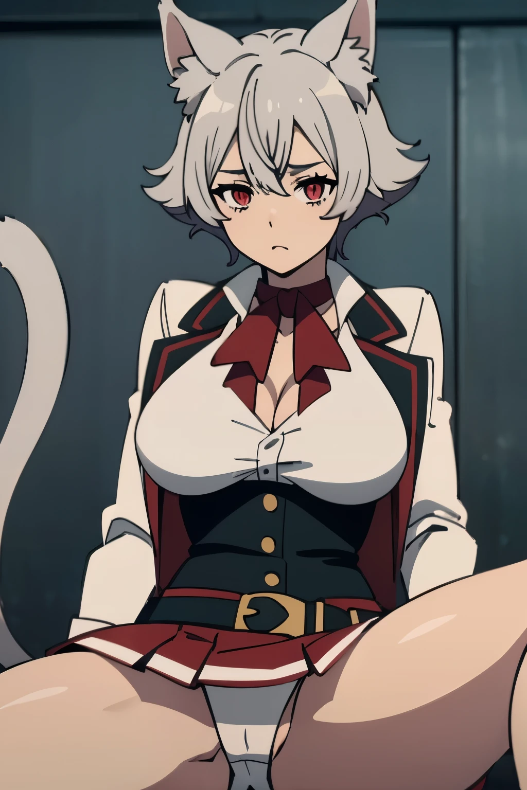 1 girl,❗️❗️,cat ears,White hair,Animal ear hair,Bangs,catwoman,red eyes,ahog,short hair,direction,hair between eyes,slit pupils, big breasts,
cat tail,white jacket,White shirt,pleated skirt,red skirt,belt buckle,bow tie,necklace,split,collared shirt,corset,long sleeves,open jacket,Uniforms,cowboy shooting,hand in panties,spread their legs,white panties,