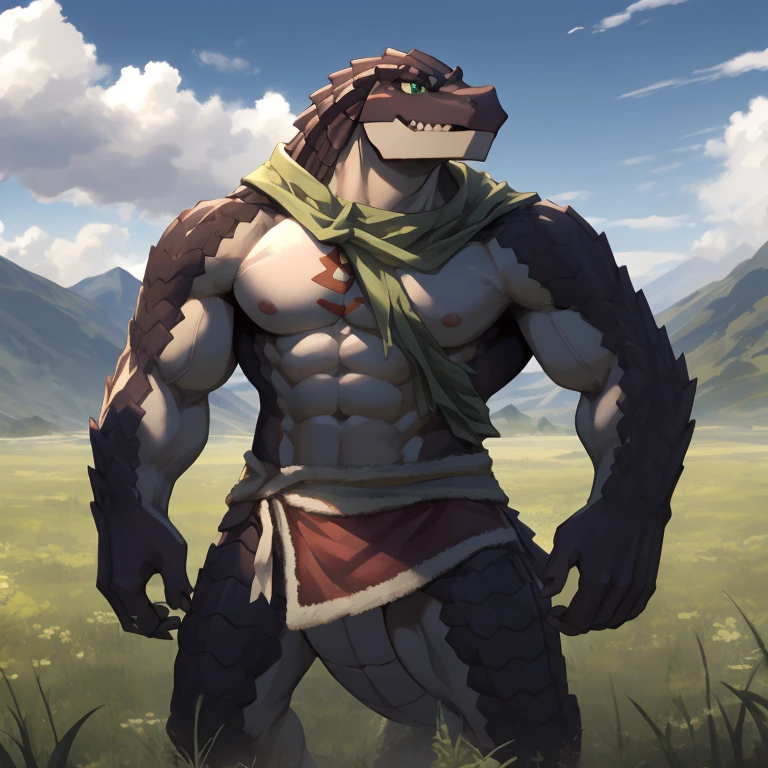 Saryusu Shasha, lizardfolk,alone, scally, crawler, male,Chest markings, scales, muscular , alligators,, clothing, teeth, crawler, chest muscles, peak, sharp teeth ,aldult,alone,4K,best quality,HD,whole body,Shirtless,looking at the audience,Bodybuilding posture,Standing position,Show muscles,very muscular, Athletic body, muscular胸部, Pink nipples, six pack abs, broad shoulders, biceps, 弯曲biceps, anatomically correct,,pride,soft shadow,Majestic detailed face,HD的眼睛,Green eyes,black pupils,Grandiose,Valiantary,,Smile confidently,Strong,mature,Blue sky and white clouds,The sun shines,grassland background,brown loincloth,green scarf