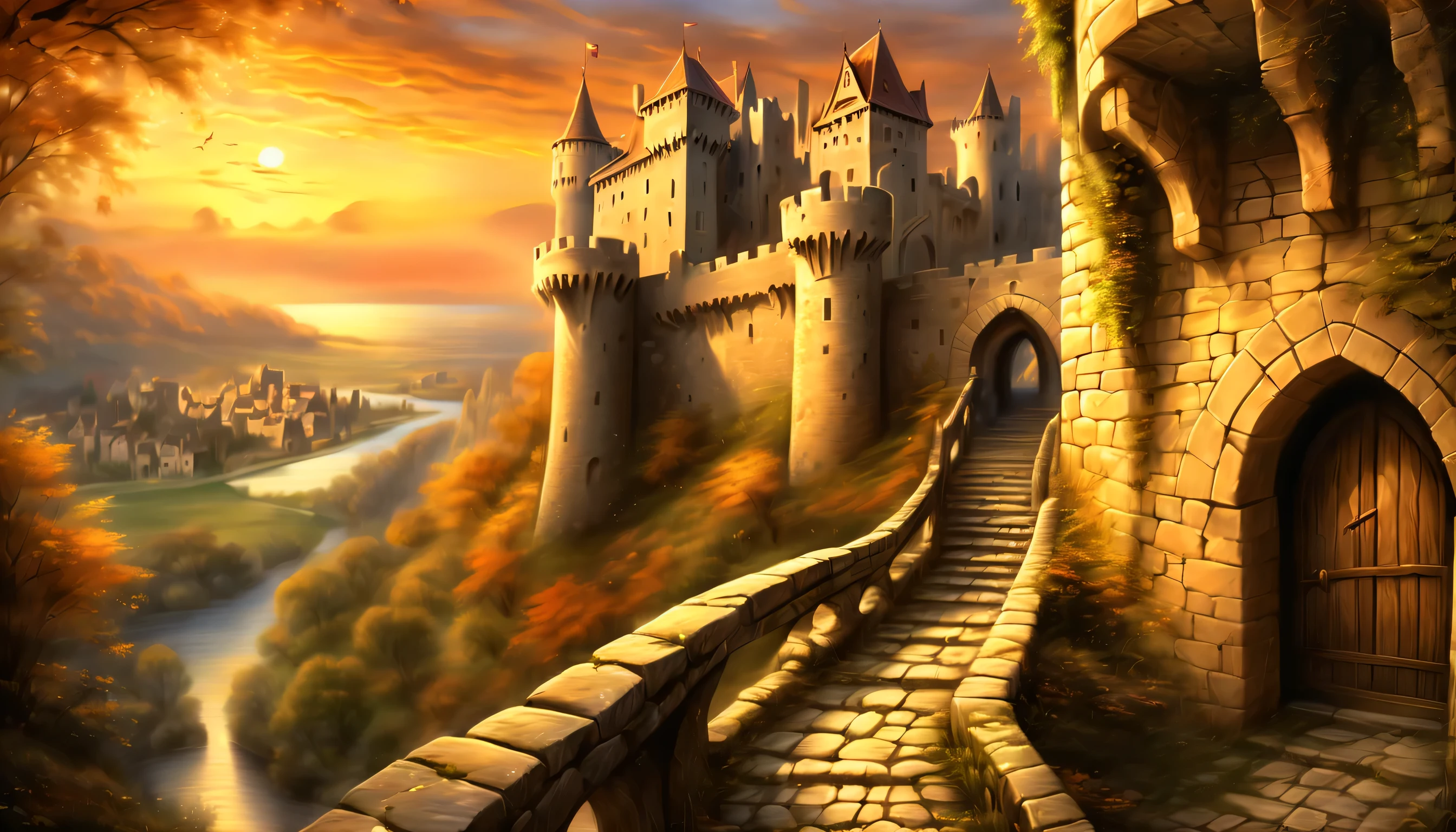 Another world to a world of dark fantasy and wonder, Quaint, An ancient castle surrounded by a charming ancient medieval city, A picturesque castle awaits, Against the backdrop of a stunning sunset, The warm hues of the setting sun are in the corner々illuminates up to, Intricate details of stone roads and natural light create a surreal atmosphere, The setting sun casts a warm light on the scene, The handwriting is very accurate, It looks almost unrealistically beautiful, Every detail comes alive and vivid, atmosphere of a bygone era, Delicate brush strokes capture every intricate detail, Emphasizes careful brushstrokes and intricate details, Immerse yourself in the beauty of breathtaking backgrounds, The level of detail in the master is amazing, From natural light to elaborate brushstrokes,