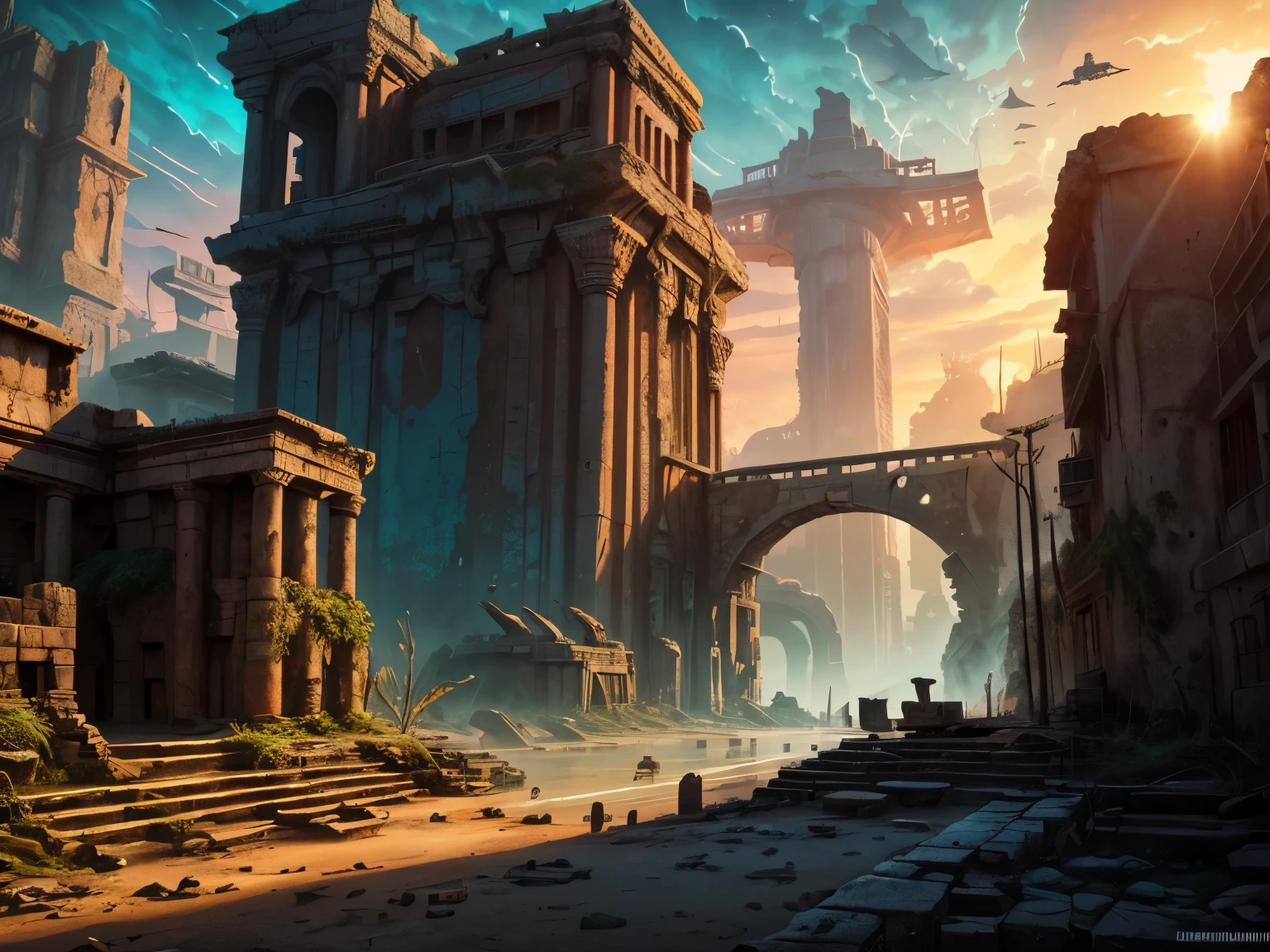 (Ancient City at Sunset),Looting of (humans cyborgs:1.2), an apotheosic (underwater:1.1) city, (at the bottom of the sea:1.2), rusty, high quality, runes of an ancient city, graffiti walls, waterfalls, cyborg parts, broken cyborgs trending on artstation, realistic, highly detailed, by Steve McCurry