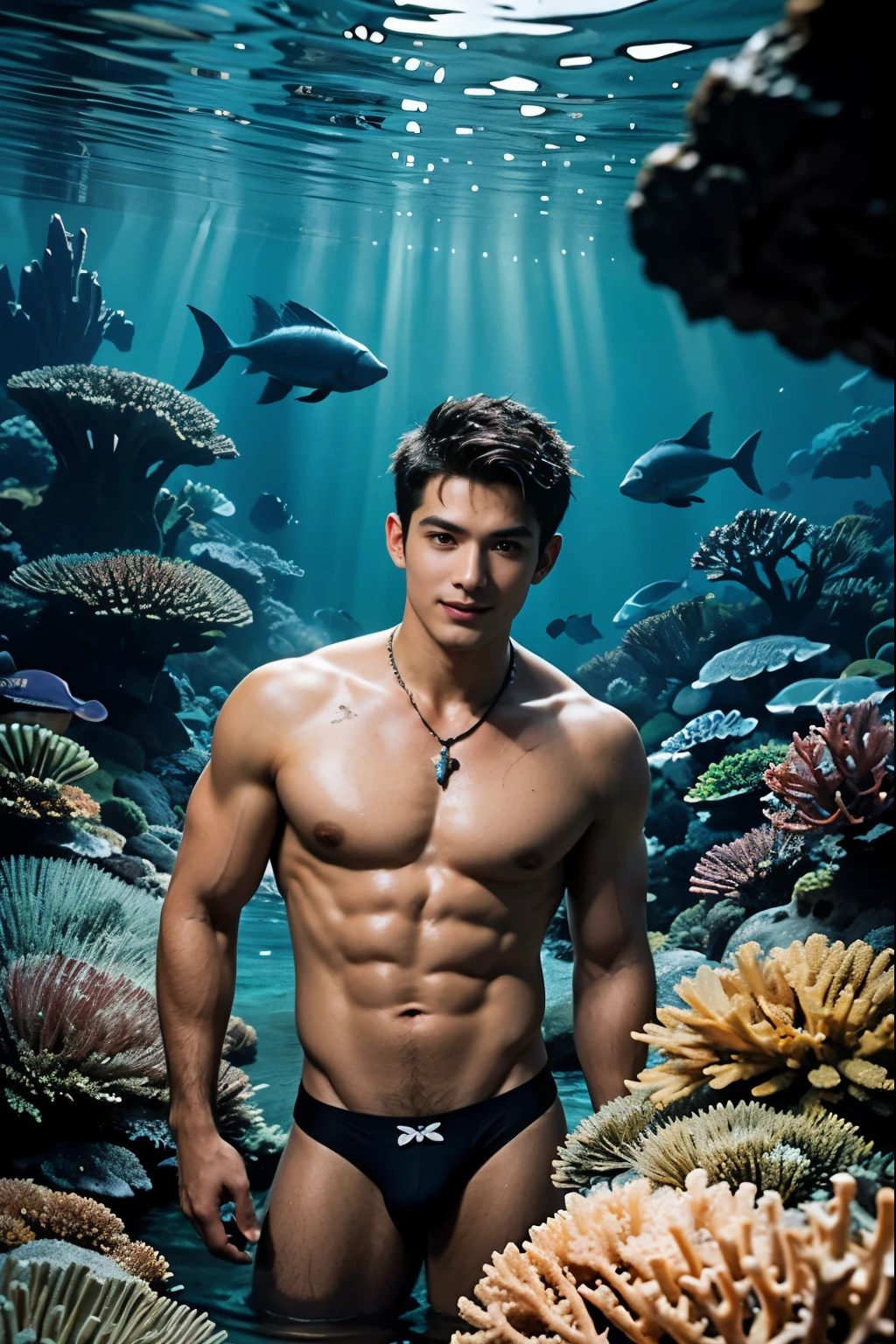 (Highest quality authentic textured skin),(abyssal), A muscular boy only wearing a small micro thong swims in the deep sea,alot of beautiful fishes around him, Delicate facial features,Burning bright and cold eyes,Sexy short beard,Strong body,Shirtless,Bronzed skin,musculous,(He had a mischievous smile on his face),brown hair,(Dramatic photo:1.4),(flamboyant photo),(Looking down),(A simple necklace hangs around his neck),(Hair flows in water),(Underwater, Marine life, Beautiful coral reef, Fish),(Vortices and tidal currents in the background),(Dramaticlight),(Magnificent scene),(Surrounded by beautiful fish),In the distant background is a temple submerged in a coral reef,the reef,Epic realism,Cinematic feeling,(high-density imaging review:1.5),(Soft color:1.2),Ultra detailed,Dramaticlight,(intricately details:1.1),the complex background,