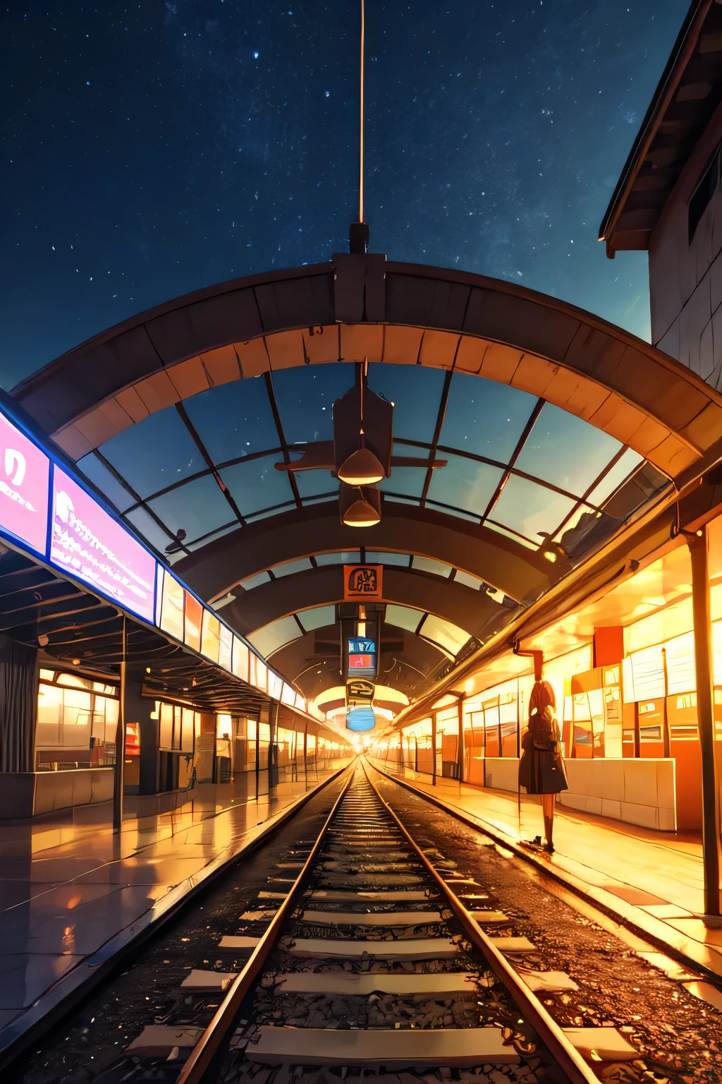 A Railway station road, at night, colourfull sky, and a girl going to the way. Most beautiful scene 3d anime style