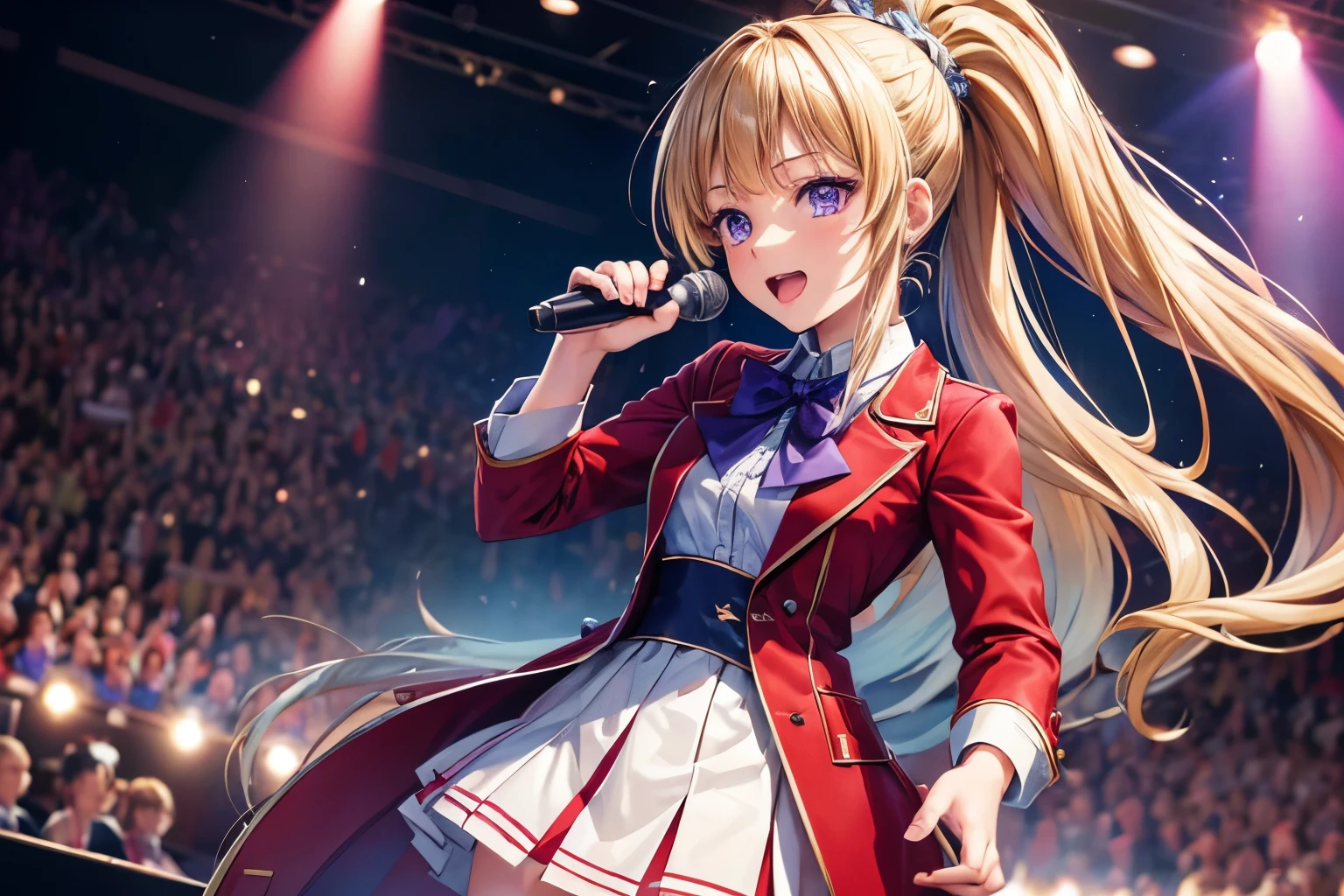 ((masterpiece:1.4, best quality)), ultra detailed, super detailed,Kei Karuizawa,1girl,blonde, ponytail, purple eyes, hd quality, wallpaper , singing, school uniform,red coat, blue skirt , holding mic, beautiful girl, looking at viewer, concert, enthusiastic,idol