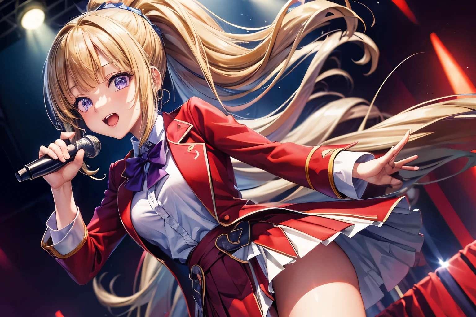 ((masterpiece:1.4, best quality)), ultra detailed, super detailed,Kei Karuizawa,1girl,blonde, ponytail, purple eyes, hd quality, wallpaper , singing, school uniform,red coat, blue skirt , holding mic, beautiful girl, looking at viewer, concert, enthusiastic,idol