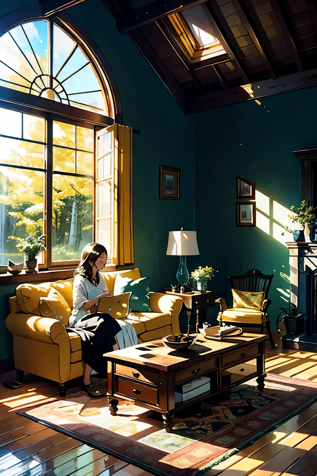 Create a visually stunning graphic depicting a living room, filled with the warmth and brilliance of sun rays streaming in through large windows. In the cozy center of the room, a charming figure, A, is depicted sitting on a plush, inviting carpet, engrossed in petting a loyal and loving Golden Retriever dog. Above A, a vibrant and lively parrot flies by, its feathers a burst of color against the soft and mellow sunlight, adding a touch of excitement and adventure to the serene living room scene. --s2
Create a meticulously crafted graphic depicting a living room bathed in sun rays filtering in through expansive windows.