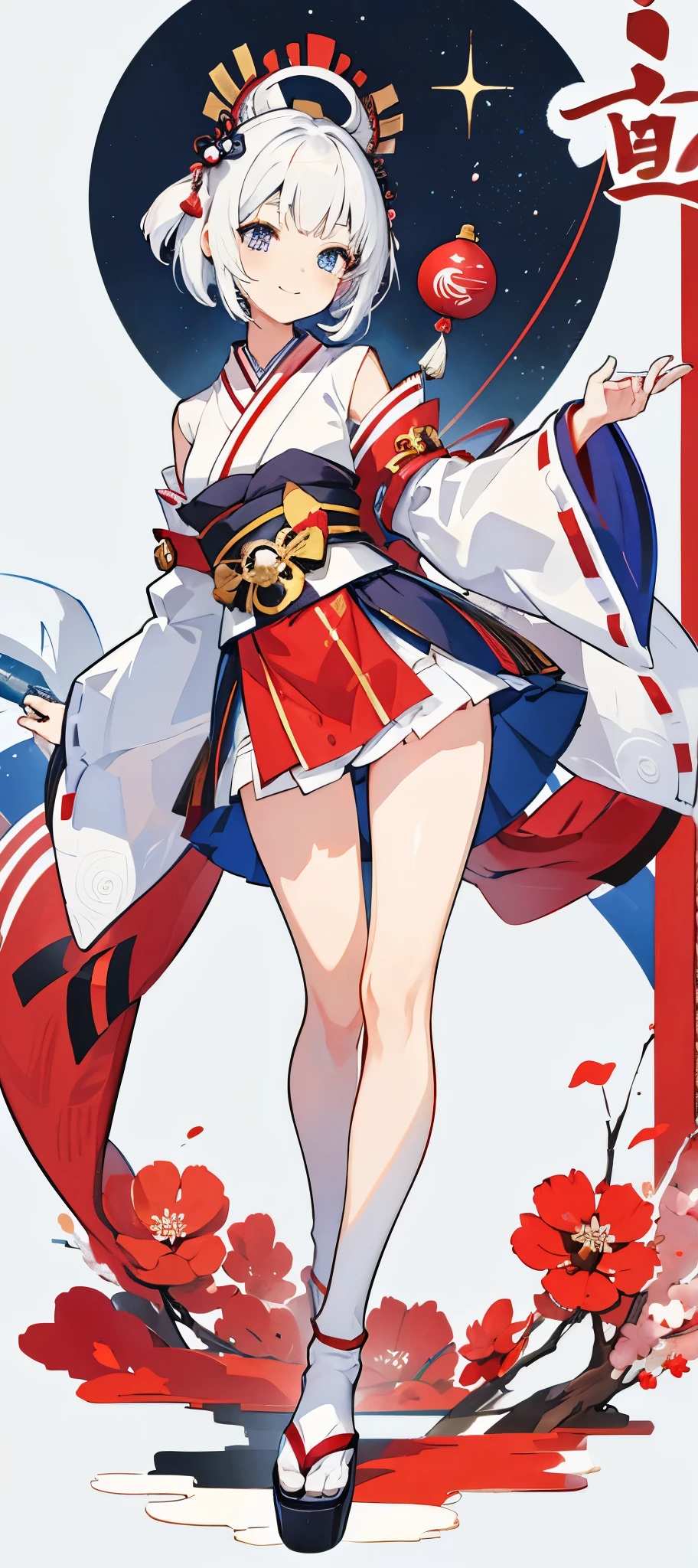  (Best Quality), (Super Detail), Gawr gura, Hololive, white background 、New year Festival、Mascot character、full body Esbian、cute little、A sexy、Well-formed face、Detailed eyes、Idol、smile face、Onmyoji details art、Japanese style、1 girl, solo, with short white hair 、with hand hold a trident, dynamic 、Japanese new year clothes 、8K、The upper part of the body，Full Body Pose,white hair,Facing the front,Leaning forward,Turning your body towards you, action pose