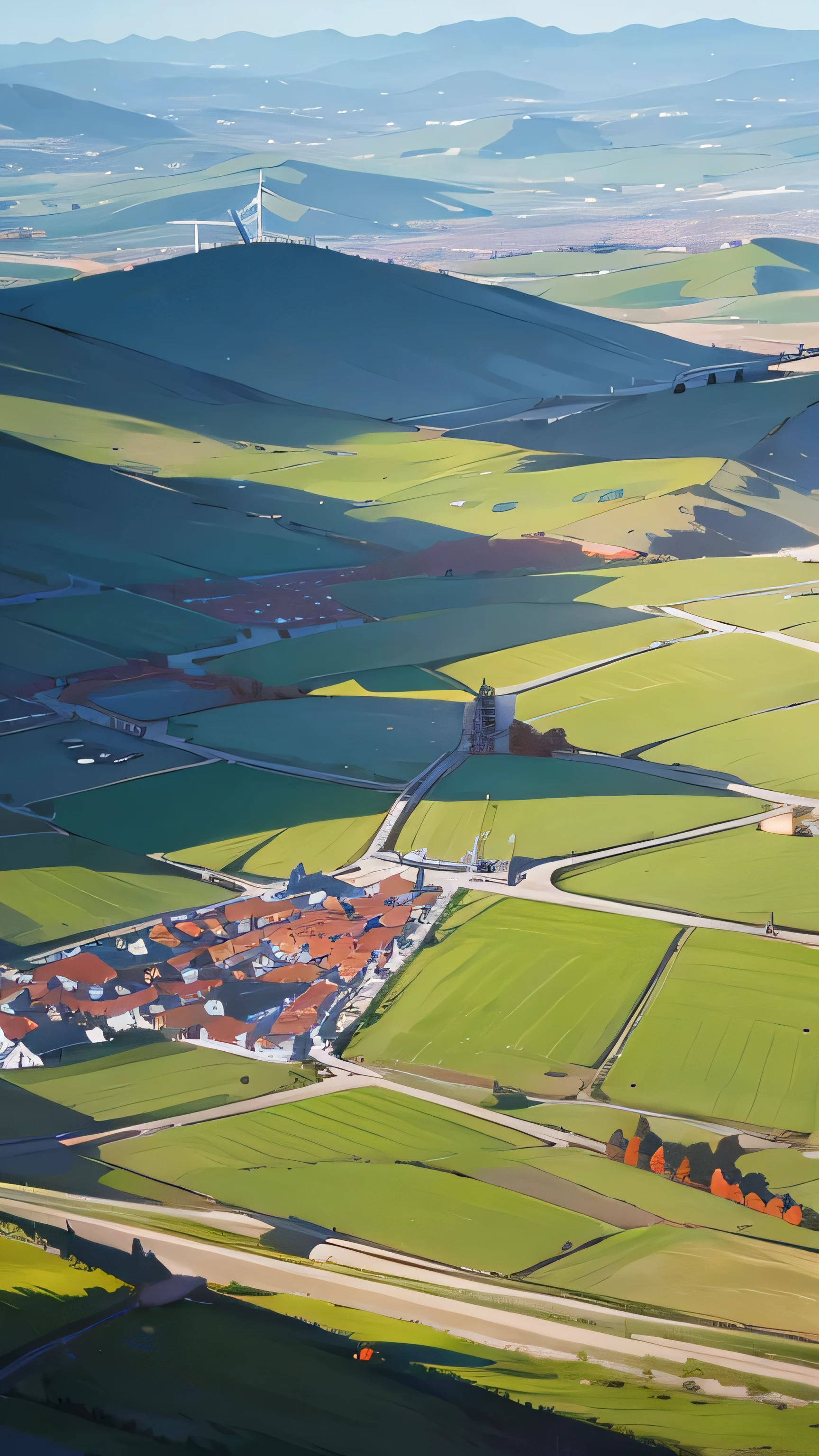 Windmills and scenery spread out on the hill