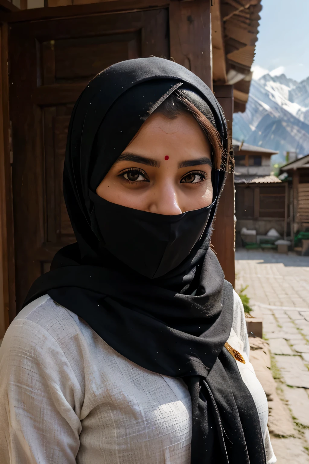 realistic hot kashmiri girl leader, seamlessly blending traditional Kashmiri culture with traditional kashmiri attire whose face is covered with long burkha like mask , promoting inclusivity, positive change and a unique perspective with background as high indian mountains