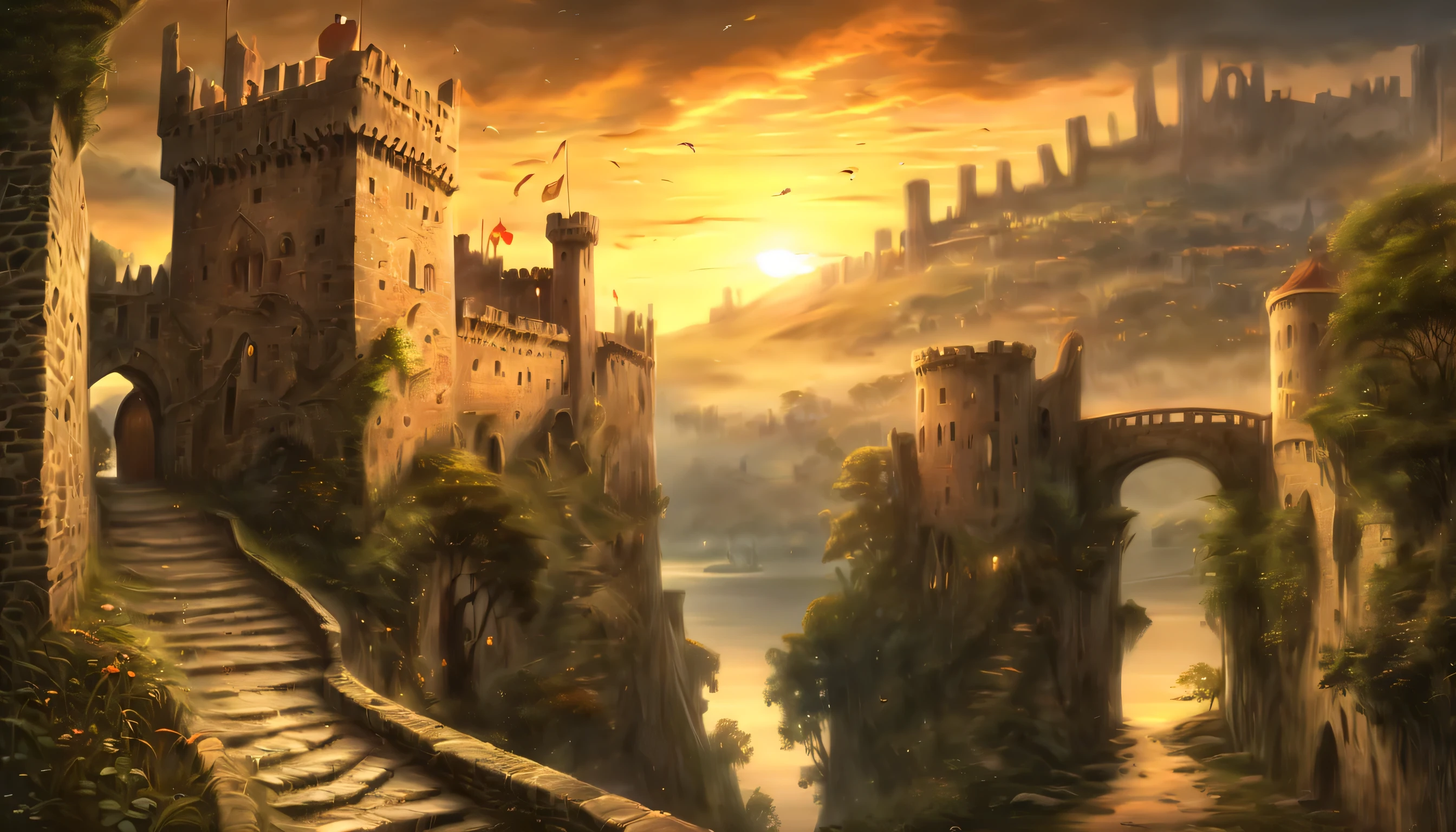 Another world to a world of dark fantasy and wonder, Quaint, An ancient castle surrounded by a charming ancient medieval city, A picturesque castle awaits, Against the backdrop of a stunning sunset, The warm hues of the setting sun are in the corner々illuminates up to, Intricate details of stone roads and natural light create a surreal atmosphere, The setting sun casts a warm light on the scene, The handwriting is very accurate, It looks almost unrealistically beautiful, Every detail comes alive and vivid, atmosphere of a bygone era, Delicate brush strokes capture every intricate detail, Emphasizes careful brushstrokes and intricate details, Immerse yourself in the beauty of breathtaking backgrounds, The level of detail in the master is amazing, From natural light to elaborate brushstrokes,