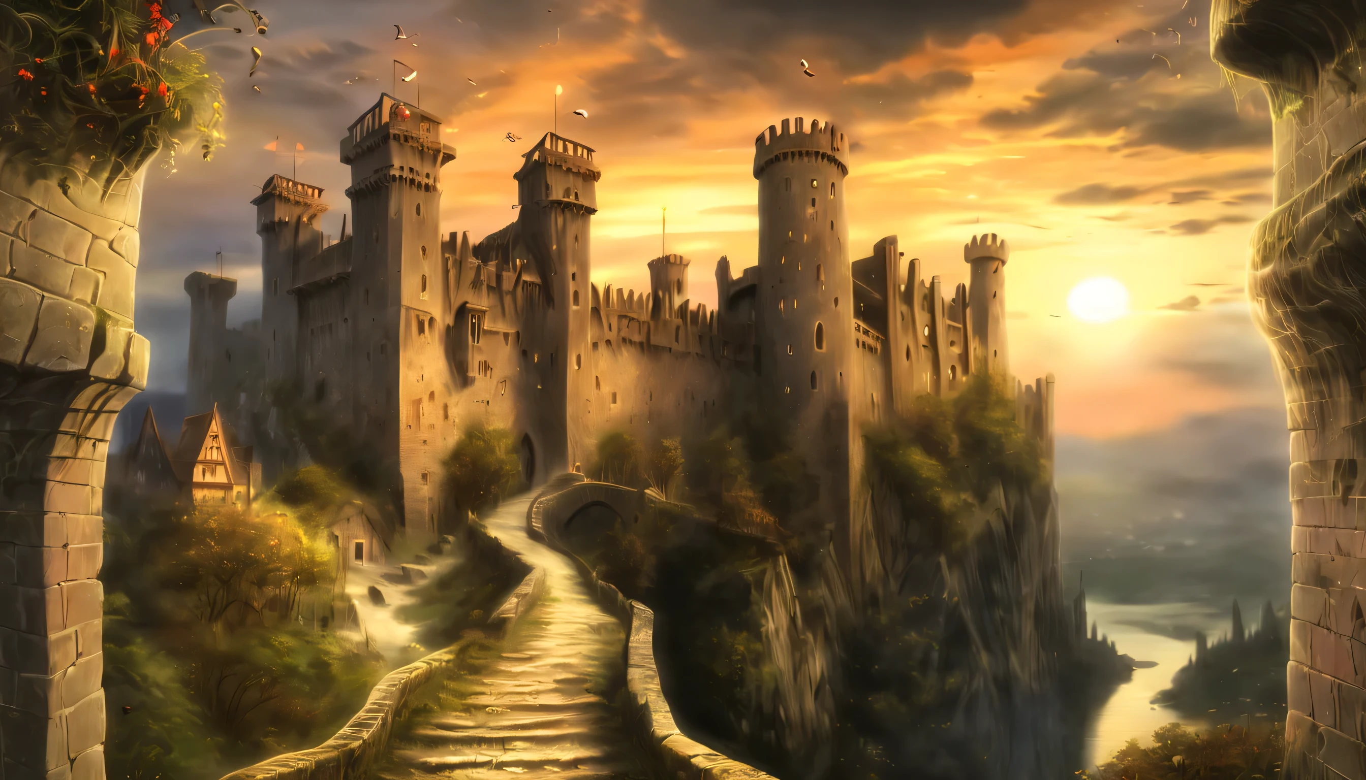 Another world to a world of dark fantasy and wonder, Quaint, An ancient castle surrounded by a charming ancient medieval city, A picturesque castle awaits, Against the backdrop of a stunning sunset, The warm hues of the setting sun are in the corner々illuminates up to, Intricate details of stone roads and natural light create a surreal atmosphere, The setting sun casts a warm light on the scene, The handwriting is very accurate, It looks almost unrealistically beautiful, Every detail comes alive and vivid, atmosphere of a bygone era, Delicate brush strokes capture every intricate detail, Emphasizes careful brushstrokes and intricate details, Immerse yourself in the beauty of breathtaking backgrounds, The level of detail in the master is amazing, From natural light to elaborate brushstrokes,