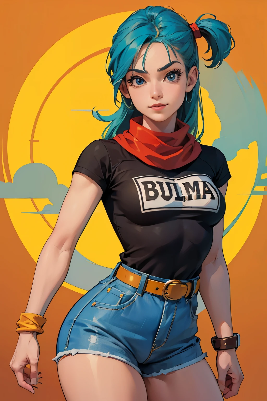 bulma, (obra maestra, Mejor calidad:1.2), tiro de vaquero, Solo, 1 chica, bulma, Sonrisa, mirando al espectador, brazos cruzados, cabello corto, vestido negro de aviador, tight clothes, perfect body, slim figure, red scarf, high details