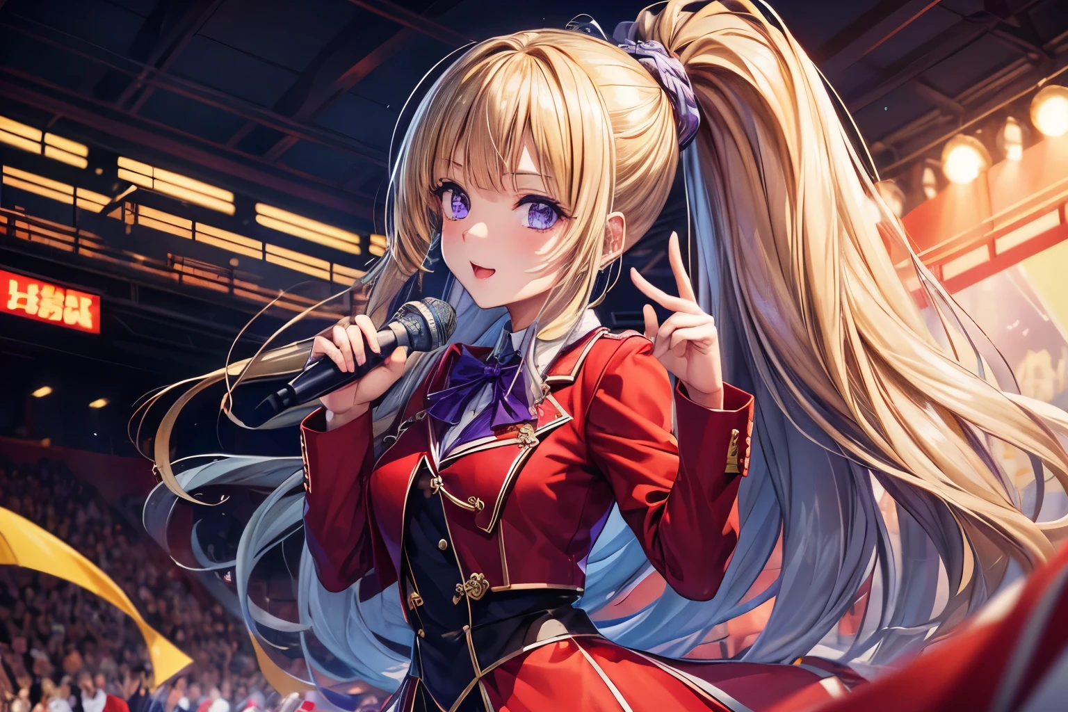 ((masterpiece:1.4, best quality)), ultra detailed, super detailed,Kei Karuizawa,1girl,blonde, ponytail, purple eyes, hd quality, wallpaper , singing, school uniform,red coat, blue skirt , holding mic, beautiful girl, looking at viewer, concert, enthusiastic,idol, long shot view 