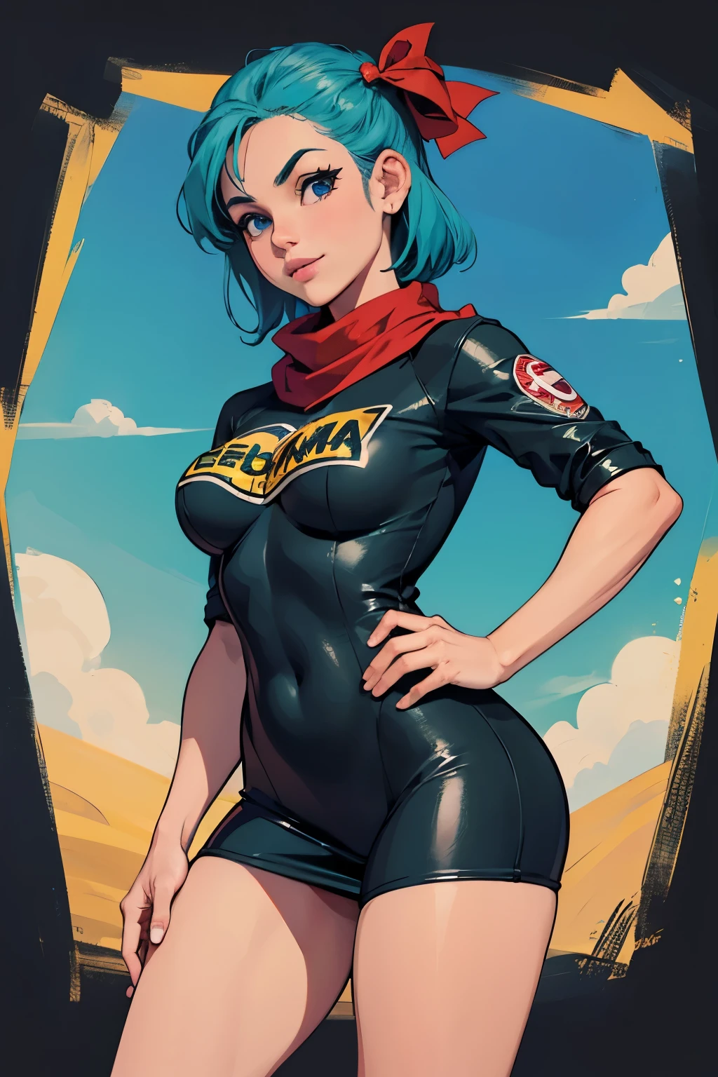 bulma, (obra maestra, Mejor calidad:1.2), tiro de vaquero, Solo, 1 chica, bulma, Sonrisa, mirando al espectador, brazos cruzados, cabello corto, vestido negro de aviador, tight clothes, perfect body, slim figure, red scarf, high details