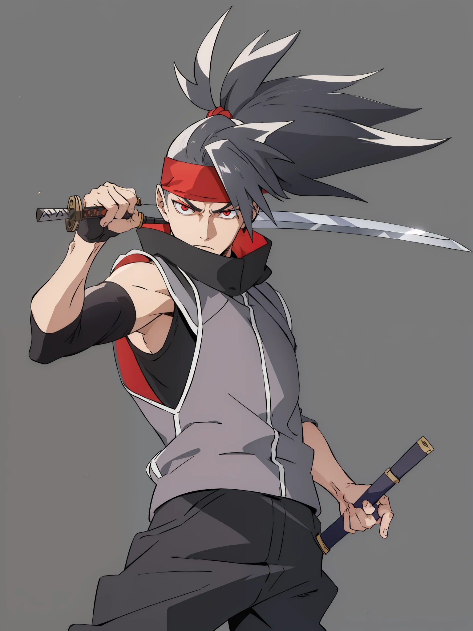 tie hair,Gray hair,Red eyes,Face thrown up,Handsome boy holding a knife,grim eyes,handsome face,cold expression,Beautiful eyes,Ninja holding sword, Wearing gray top and gray pants