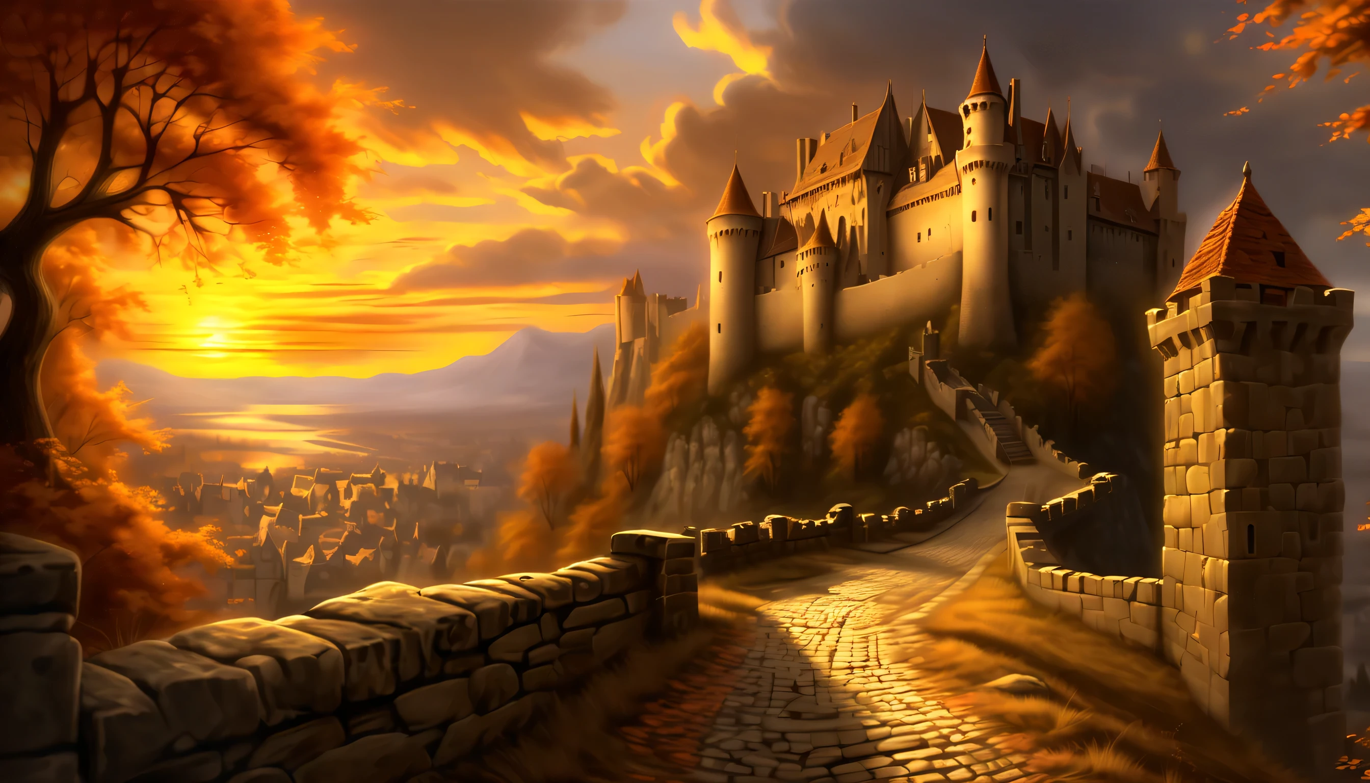 An otherworldly wolf steps into a world of dark fantasy and wonder, Quaint, A castle in a charming ancient medieval city, Against the backdrop of a stunning sunset, The warm hues of the setting sun are in the corner々illuminates up to, Intricate details of stone roads and natural light create a surreal atmosphere, A picturesque castle awaits, The setting sun casts a warm light on the scene, The handwriting is very accurate, It looks almost unrealistically beautiful, Old castles and towns are recreated in vivid detail, atmosphere of a bygone era, Delicate brush strokes capture every intricate detail, Emphasizes careful brushstrokes and intricate details, Immerse yourself in the beauty of breathtaking backgrounds, The level of detail in the master is amazing, From natural light to elaborate brushstrokes,