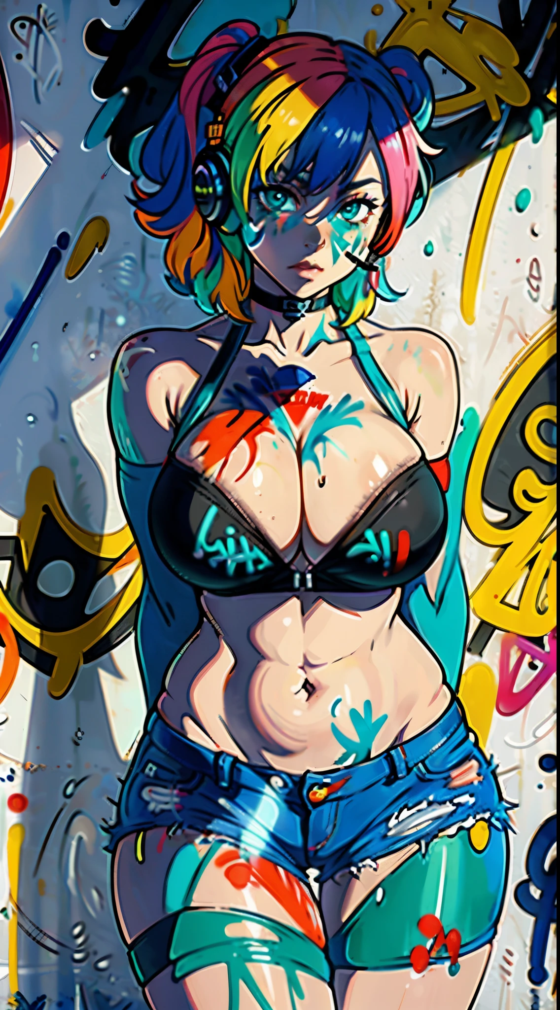 masterpiece, best quality, 1girl, solo, crop top, ((colossal cleavage:1.3)), denim shorts, choker, (graffiti:1.5), paint splatter, arms behind back, against wall, looking at viewer, armband, thigh strap, paint on body, head tilt, bored, multicolored hair, aqua eyes, headset, peepshow, nipslip