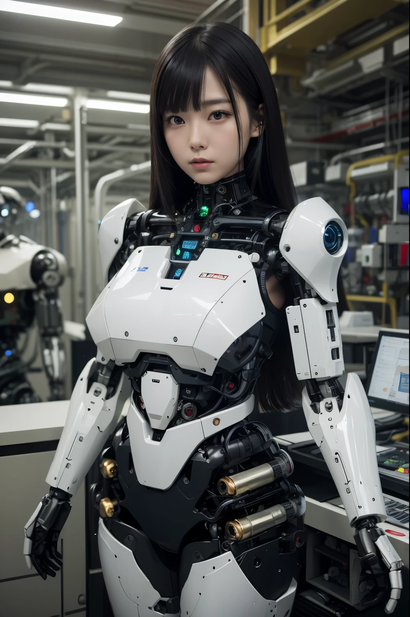 masterpiece, best quality, extremely detailed, Japaese android girl,Plump , control panels,android,Droid,Mechanical Hand, Robot arms and legs, Black hair,Blunt bangs,perfect robot girl,long tube,thick cable connected her neck,android,robot,humanoid,cyborg,japanese cyborg girl ,robot-assembly plant,She is assembling now,assembly scene