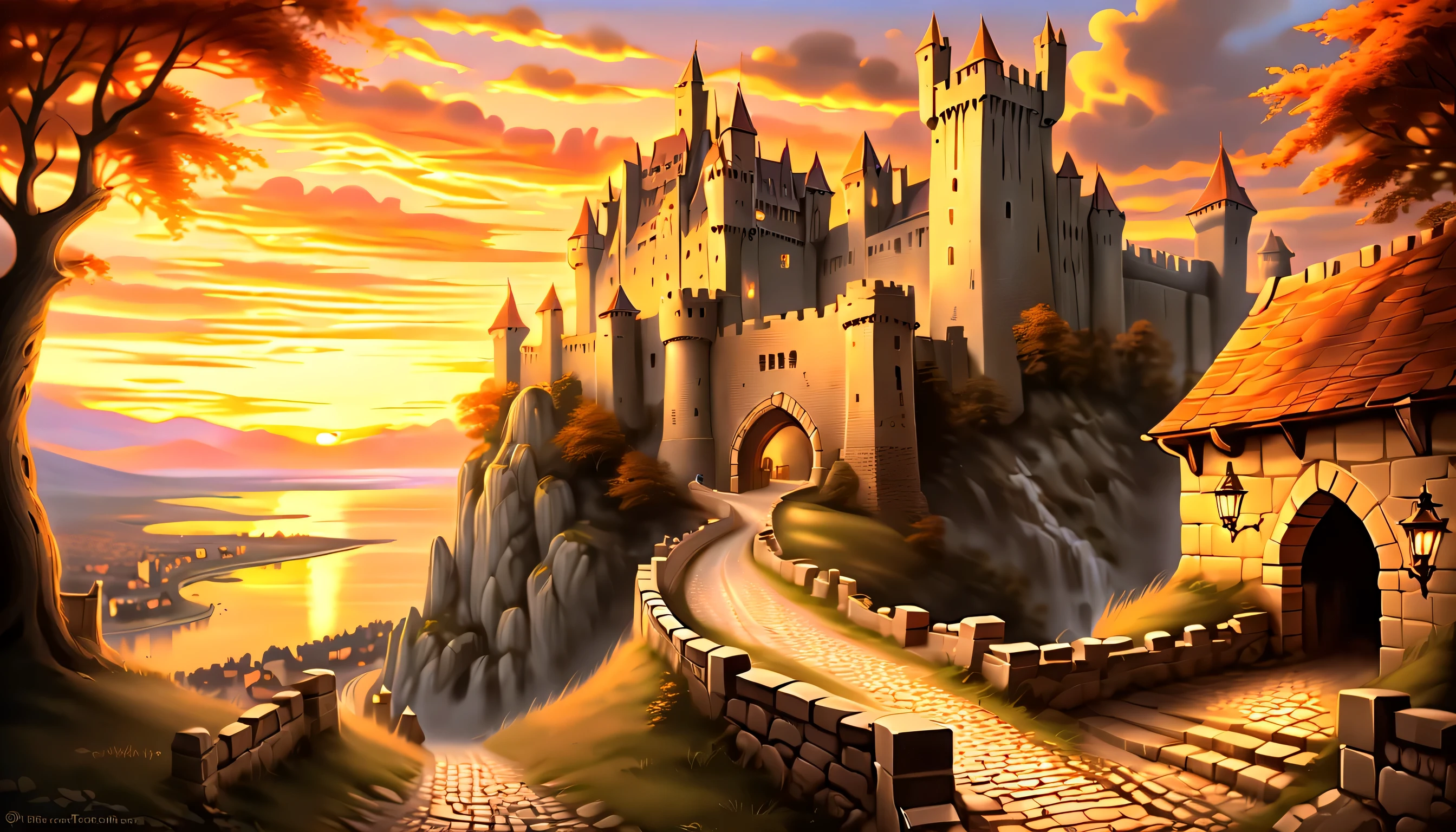 An otherworldly wolf steps into a world of dark fantasy and wonder, Quaint, A castle in a charming ancient medieval city, Against the backdrop of a stunning sunset, The warm hues of the setting sun are in the corner々illuminates up to, Intricate details of stone roads and natural light create a surreal atmosphere, A picturesque castle awaits, The setting sun casts a warm light on the scene, The handwriting is very accurate, It looks almost unrealistically beautiful, Old castles and towns are recreated in vivid detail, atmosphere of a bygone era, Delicate brush strokes capture every intricate detail, Emphasizes careful brushstrokes and intricate details, Immerse yourself in the beauty of breathtaking backgrounds, The level of detail in the master is amazing, From natural light to elaborate brushstrokes,