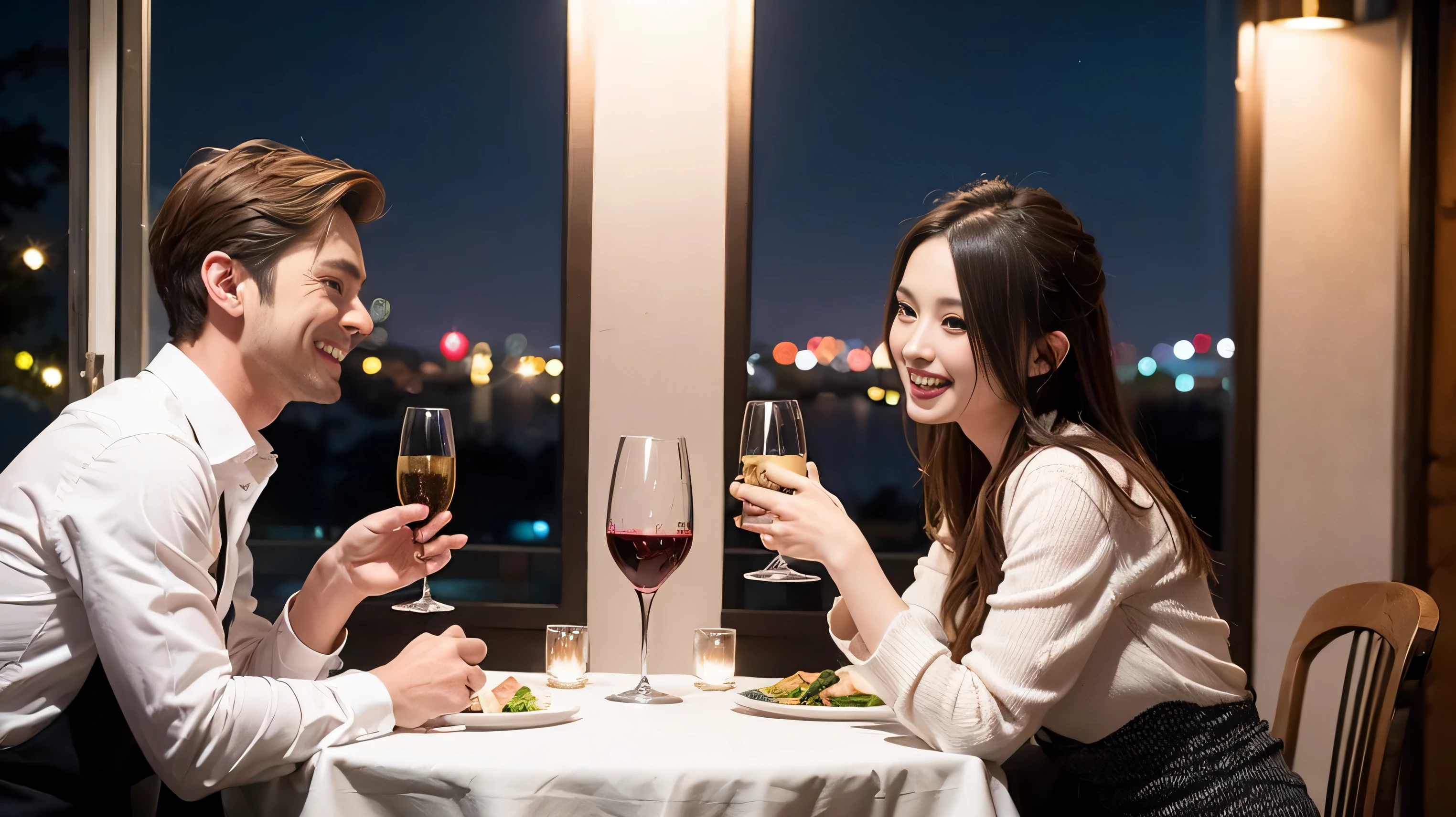 64k, UHD, highest quality, masterpiece: 1.2), (realistic, photorealistic: 1.37), Super detailed, 3 women who love wine、three men、restaurantでワイン宴会、(slimな男女4名),(Wine party for 5 people)、(slimフェイス),Happy、 最高なsmile、Fox Face、Raccoon face、Berry Short、(because I'thin), (brown hair), (shortcut), long sleeve shirt、winter fashion、Colombia、Brazilian、Japanese、Dutch、German、Portuguese、Belgian、Italian、french,champagne、Sparkling wine、 (gush), (slimボティ), (brown hair), (shortcut), Neat beauty、cheeks blush a little, (35 years old), 38 years old, alone, A beautiful and detailed night view spreads out outside the window..., restaurant, wine glassが座っている, At night, in a prominent place (from the Upper body) nova frog style, actress, model, Upper body, White wine, slim, wine glass, very beautiful night view, wine glass Put in the Middle, Happy smile, (smile: 1.15),