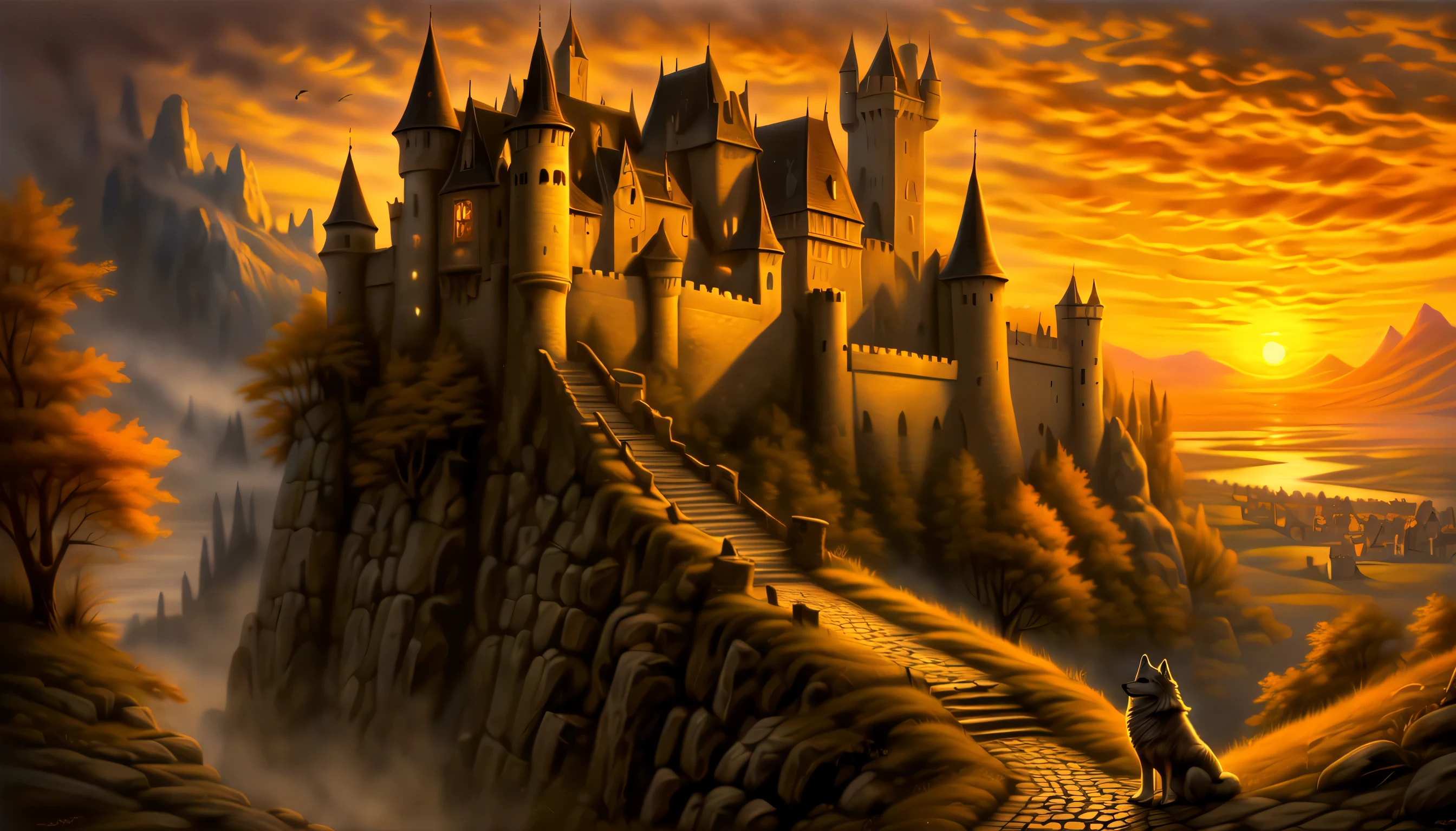 An otherworldly wolf steps into a world of dark fantasy and wonder, Quaint, A castle in a charming ancient medieval city, Against the backdrop of a stunning sunset, The warm hues of the setting sun are in the corner々illuminates up to, Intricate details of stone roads and natural light create a surreal atmosphere, A picturesque castle awaits, The setting sun casts a warm light on the scene, The handwriting is very accurate, It looks almost unrealistically beautiful, Old castles and towns are recreated in vivid detail, atmosphere of a bygone era, Delicate brush strokes capture every intricate detail, Emphasizes careful brushstrokes and intricate details, Immerse yourself in the beauty of breathtaking backgrounds, The level of detail in the master is amazing, From natural light to elaborate brushstrokes,