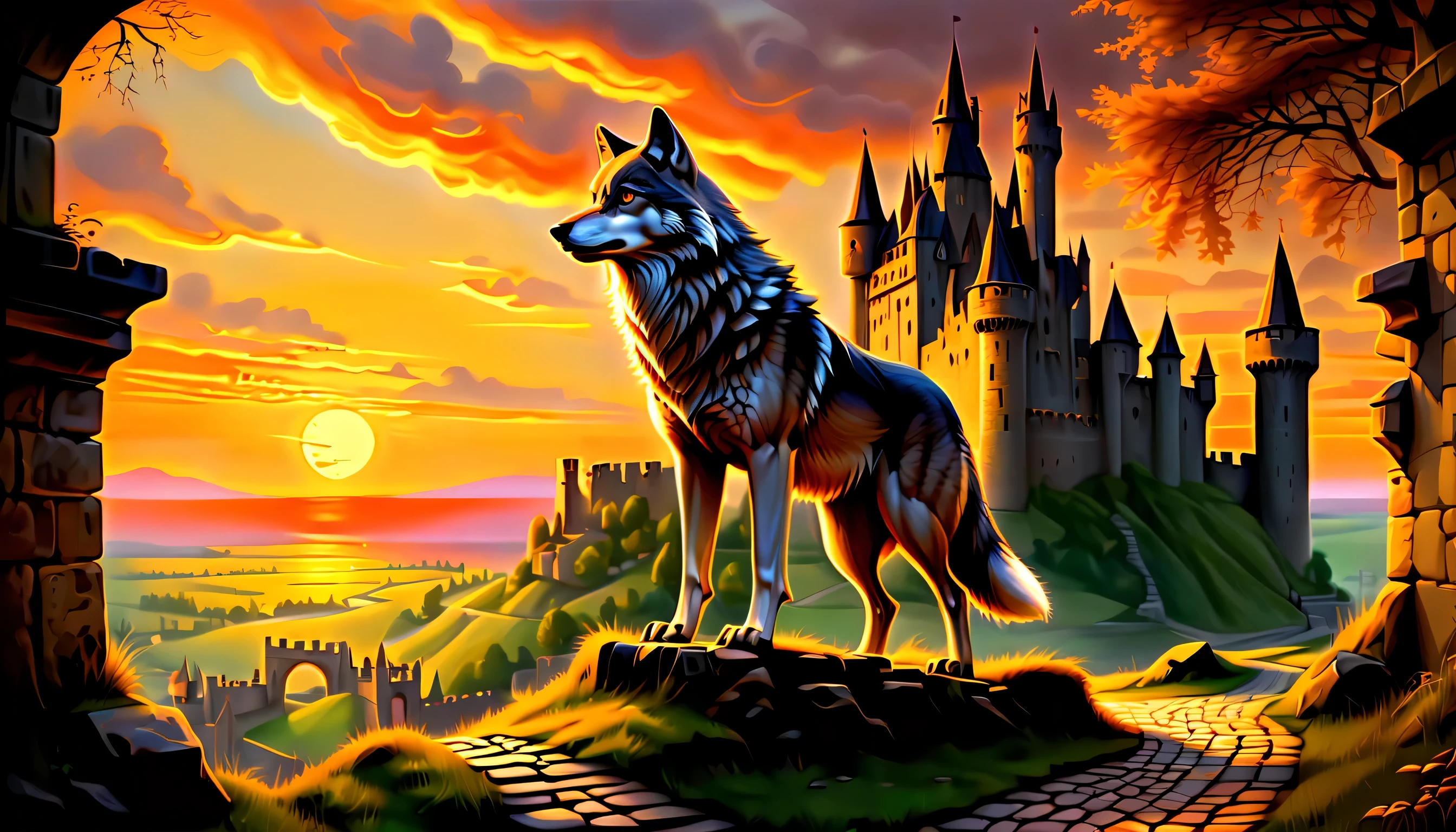 An otherworldly wolf steps into a world of dark fantasy and wonder, Quaint, A castle in a charming ancient medieval city, Against the backdrop of a stunning sunset, The warm hues of the setting sun are in the corner々illuminates up to, Intricate details of stone roads and natural light create a surreal atmosphere, A picturesque castle awaits, The setting sun casts a warm light on the scene, The handwriting is very accurate, It looks almost unrealistically beautiful, Old castles and towns are recreated in vivid detail, atmosphere of a bygone era, Delicate brush strokes capture every intricate detail, Emphasizes careful brushstrokes and intricate details, Immerse yourself in the beauty of breathtaking backgrounds, The level of detail in the master is amazing, From natural light to elaborate brushstrokes,