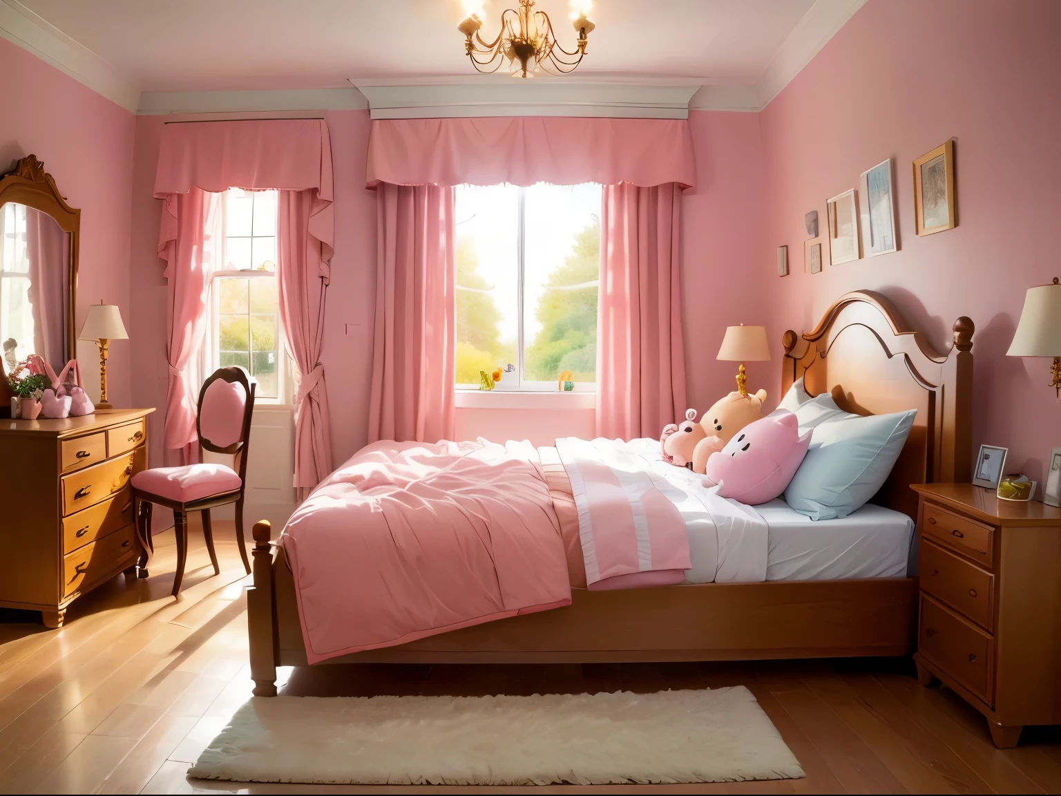 ((best quality)), ((masterpiece)), (detailed), Dreamy,Pink bedroom,There are cute plush toys,Scenes without characters,