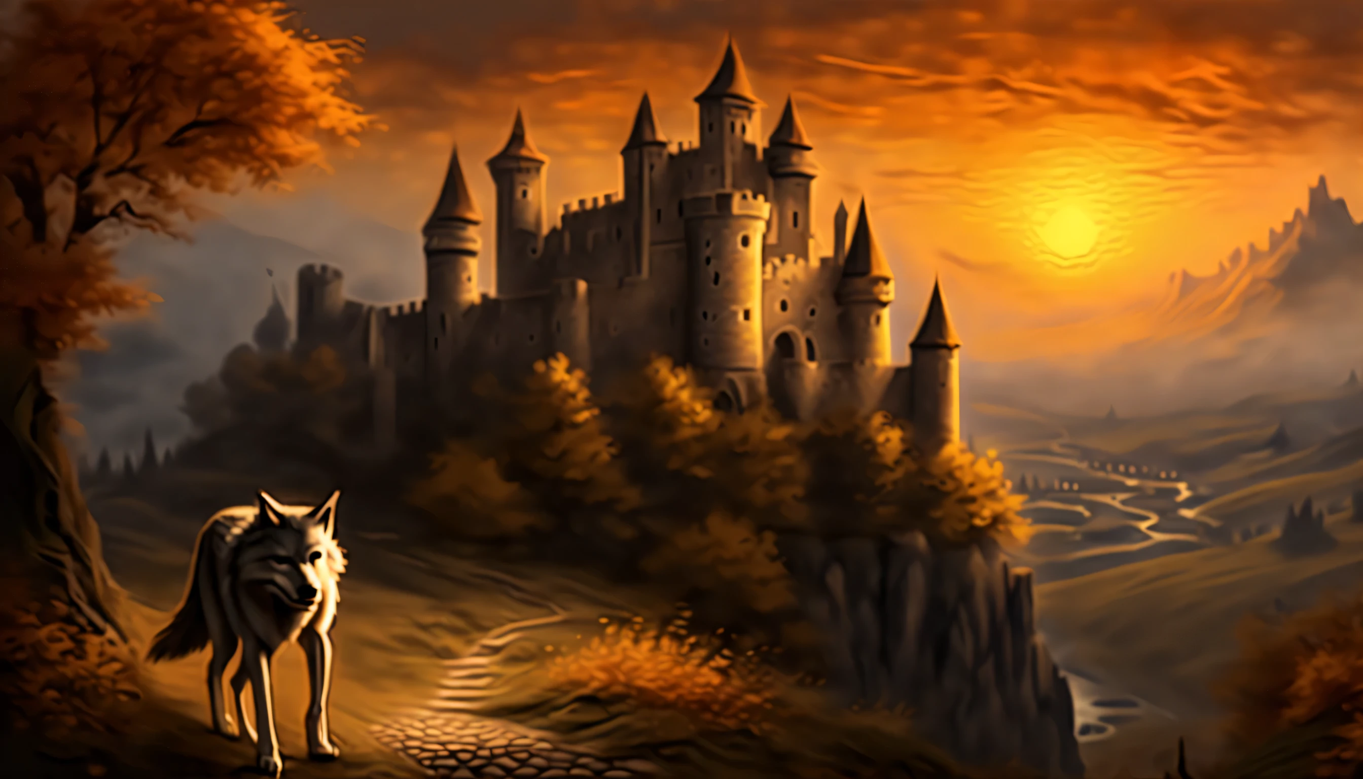 An otherworldly wolf steps into a world of dark fantasy and wonder, Quaint, A castle in a charming ancient medieval city, Against the backdrop of a stunning sunset, The warm hues of the setting sun are in the corner々illuminates up to, Intricate details of stone roads and natural light create a surreal atmosphere, A picturesque castle awaits, The setting sun casts a warm light on the scene, The handwriting is very accurate, It looks almost unrealistically beautiful, Old castles and towns are recreated in vivid detail, atmosphere of a bygone era, Delicate brush strokes capture every intricate detail, Emphasizes careful brushstrokes and intricate details, Immerse yourself in the beauty of breathtaking backgrounds, The level of detail in the master is amazing, From natural light to elaborate brushstrokes,