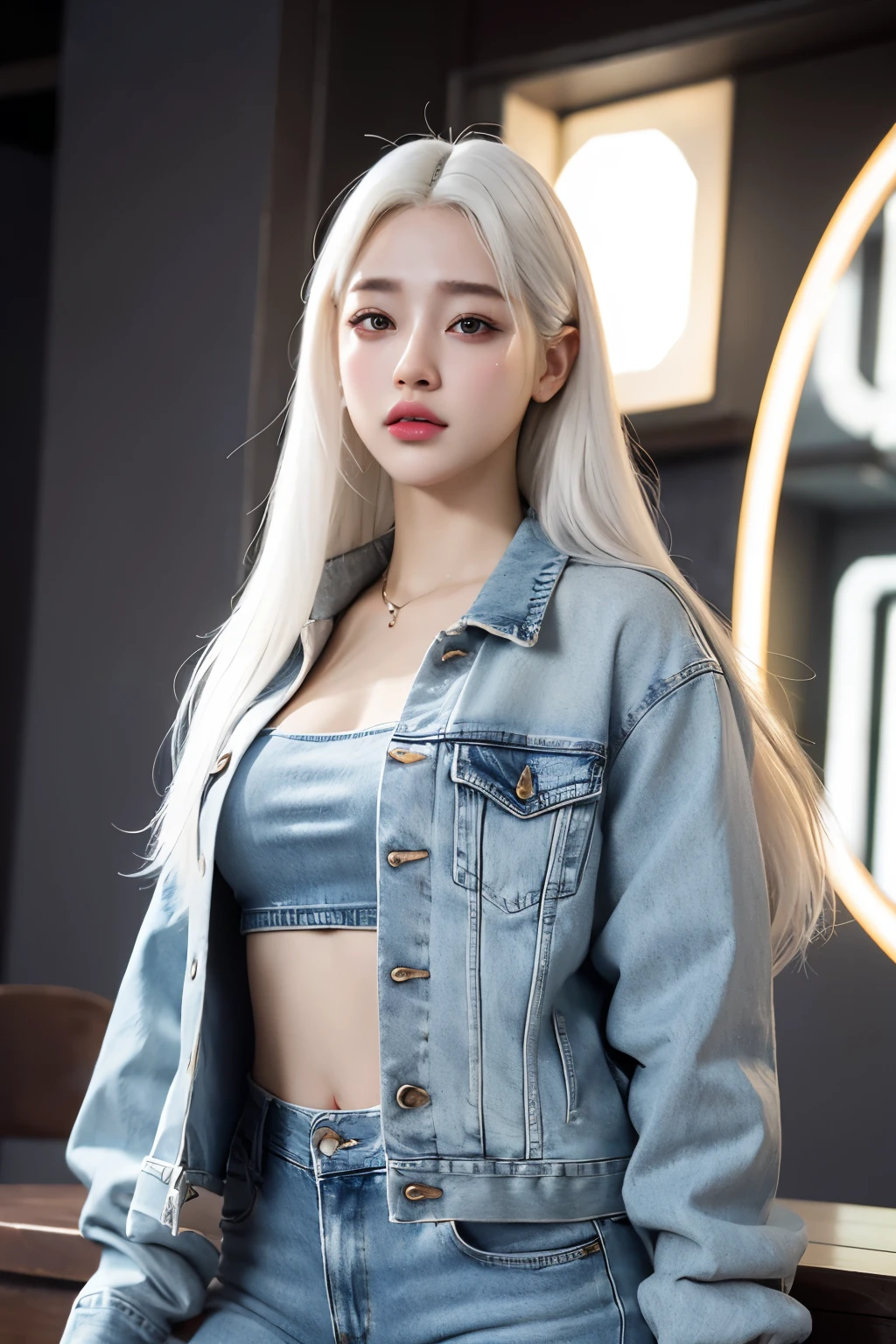 realistic, High resolution, 1 female, glowing skin, alone, wide lips,long hair,straight hair,saggy breasts,small face,white hair,Color Contacts,denim jackets,skinny pants,Full body coordination daytime,realistic skin texture,Real,K-pop Idol