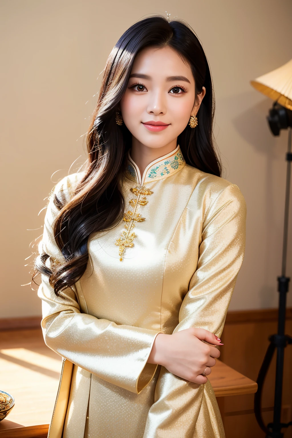 Create a mesmerizing image using Midjourney's advanced image generation capabilities, embodying the principles of visual composition. Witness an exquisite portrait of an Asian beauty, her meticulously detailed features emphasizing captivating double eyelids, a gracefully prominent nose, and an enchanting smile that radiates brilliance. This portrait is captured in a serene studio setting, where the girl gracefully dons a traditional Ao Dai, adorned with intricate East Asian patterns that harmoniously accentuate her radiant complexion.

Her striking black hair cascades in elegant waves, blending seamlessly with the vibrant attire, creating an awe-inspiring contrast