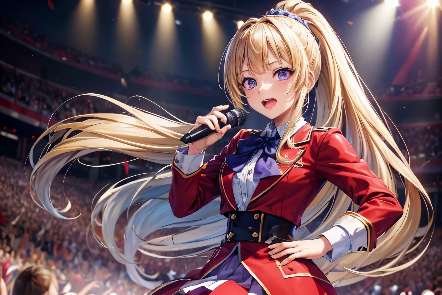 ((masterpiece:1.4, best quality)), ultra detailed, super detailed,Kei Karuizawa,1girl,blonde, ponytail, purple eyes, hd quality, wallpaper , singing, school uniform,red coat, blue skirt , holding mic, beautiful girl, looking at viewer, concert, enthusiastic,idol, long shot view 