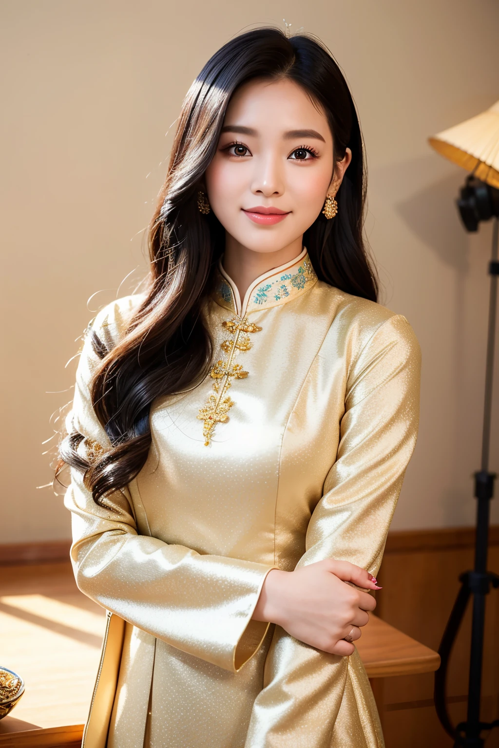 Create a mesmerizing image using Midjourney's advanced image generation capabilities, embodying the principles of visual composition. Witness an exquisite portrait of an Asian beauty, her meticulously detailed features emphasizing captivating double eyelids, a gracefully prominent nose, and an enchanting smile that radiates brilliance. This portrait is captured in a serene studio setting, where the girl gracefully dons a traditional Ao Dai, adorned with intricate East Asian patterns that harmoniously accentuate her radiant complexion.
Her striking black hair cascades in elegant waves, blending seamlessly with the vibrant attire, creating an awe-inspiring contrast