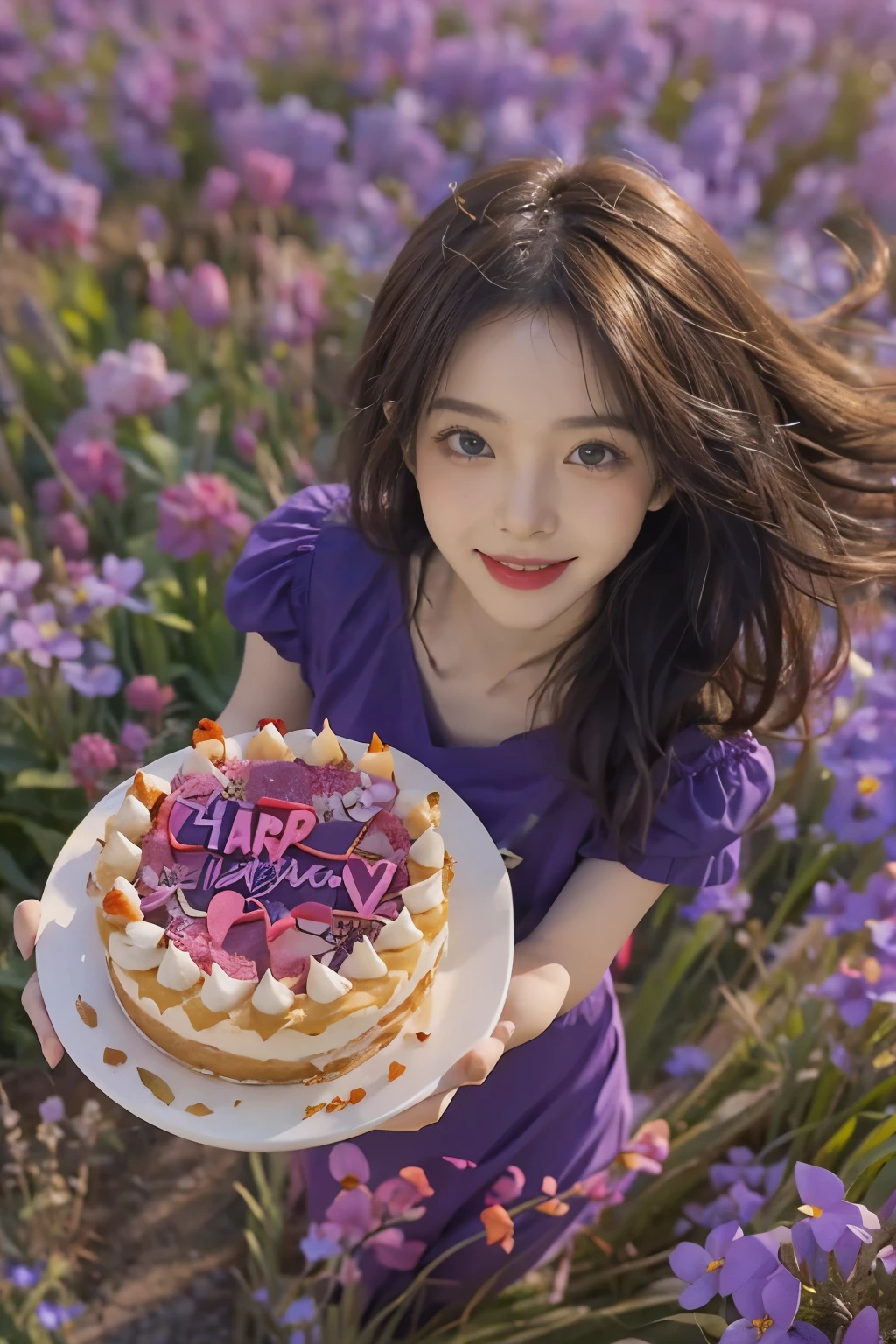 stands In a flowerIng fIeld、Creates an Image of a happy 28 year old brunette woman wIth messy haIr。. She smIled、Present a bIrthday cake to the vIewer on the table。, In brIght purple. I&#39;I&#39;work for you!、Feeling very happy and bright！！、For highest image quality