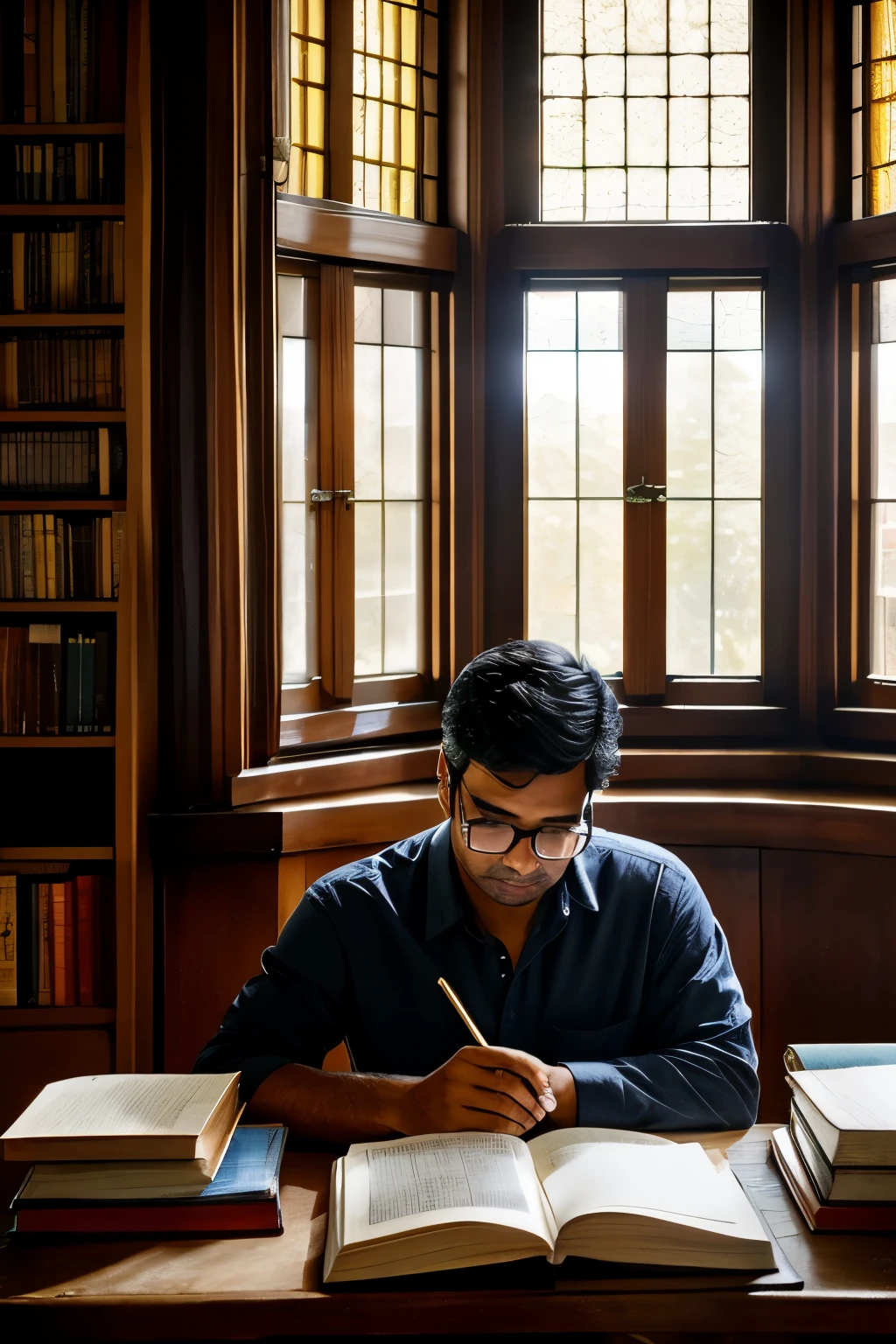 Amidst the tranquil hush of a sun-drenched room, an Indian male figure, adorned with glasses, immerses himself in the world of knowledge. The golden rays of sun light cascade through the dusty, flickering window, illuminating his studious surroundings. Piles of books, each a testament to his relentless pursuit of learning, dot the worn-out table. With an intense gaze, he absorbs every word, his glasses magnifying the intricate details of the pages before him. The warm, atmospheric lighting bathes his serious expression in a soft, dream-like haze. The room's texture, a blend of worn-out