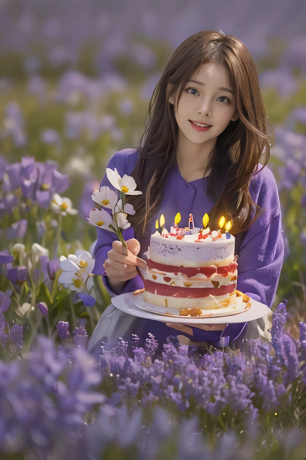 stands In a flowerIng fIeld、Creates an Image of a happy 28 year old brunette woman wIth messy haIr。. She smIled、Present a bIrthday cake to the vIewer on the table。, In brIght purple. I'I'work for you!、Feeling very happy and bright!!、For highest image quality