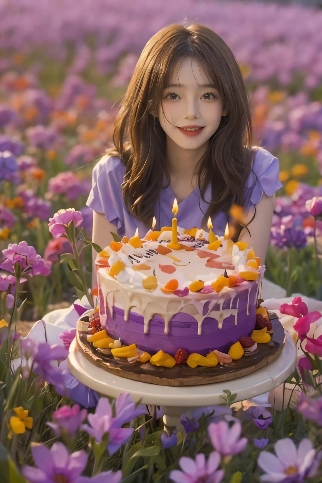 stands In a flowerIng fIeld、Creates an Image of a happy 28 year old brunette woman wIth messy haIr。. She smIled、Present a bIrthday cake to the vIewer on the table。, In brIght purple. I'I'work for you!、Feeling very happy and bright!!、For highest image quality
