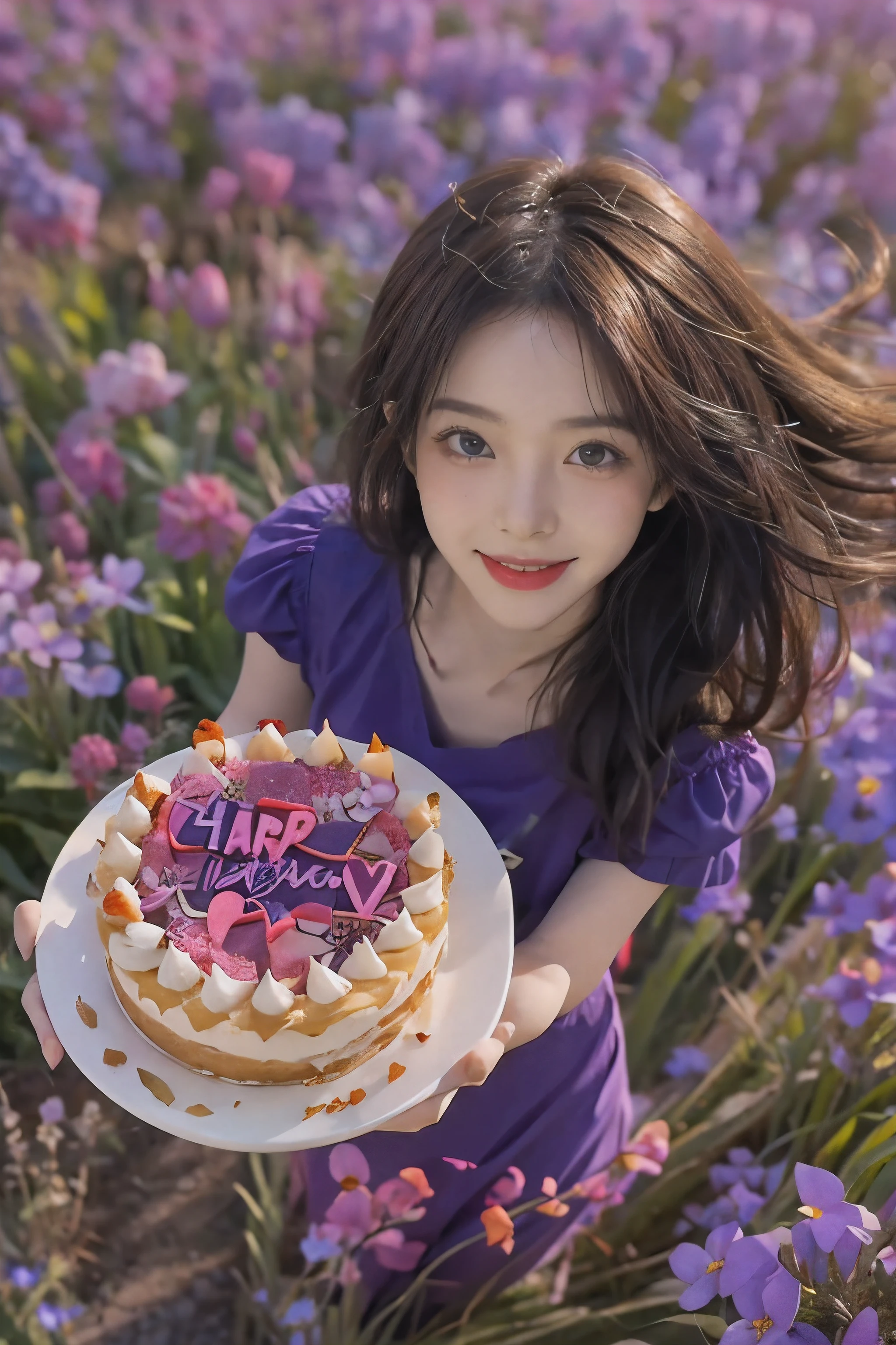 stands In a flowerIng fIeld、Creates an Image of a happy 28 year old brunette woman wIth messy haIr。. She smIled、Present a bIrthday cake to the vIewer on the table。, In brIght purple. I'I'work for you!、I feel very happy and bright!!、For the best image quality
