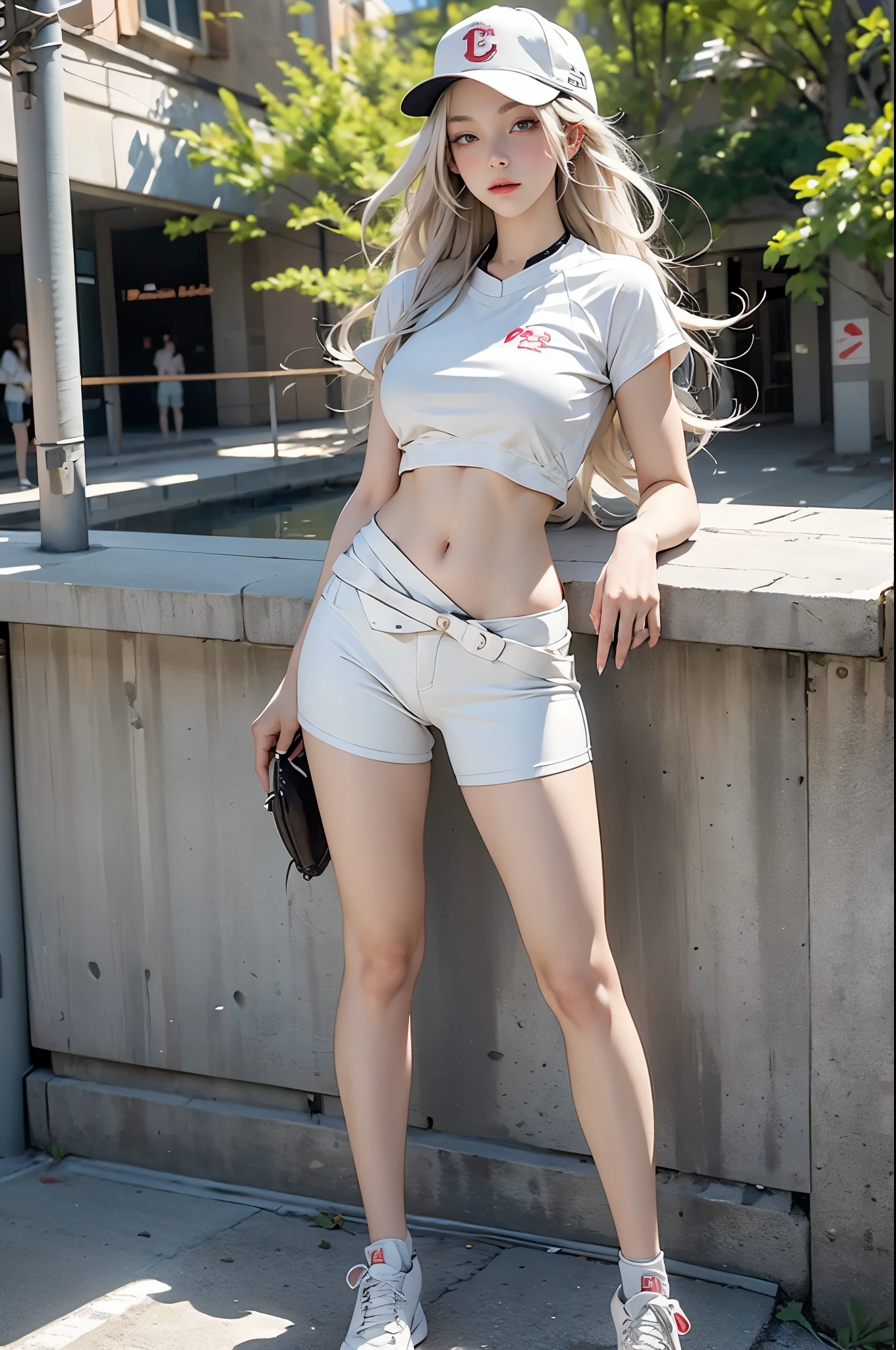 lifelike, high resolution, 1 female, alone, beautiful eyes, view viewer, Close the lips, Detailed face,，long white hair, Big breasts and thin waist，long legs，Raised sexy，Obscenity exposed，baseball cap，tall female high school student（wear：bikini，nude，sports shoes）full-body shot，street frontage