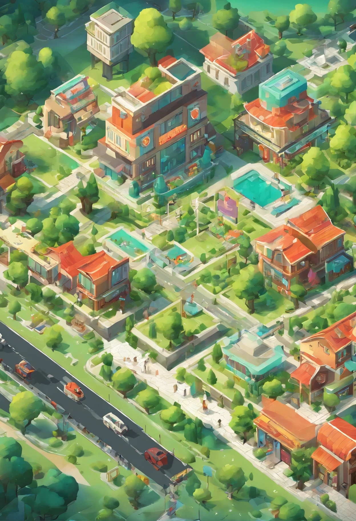 best quality, fantasy, Isometric, In the center of the picture, there is an open space with square floor tiles, surrounded by roads and shop buildings, and various shop buildings along the road，Street top view, multi-point perspective, Isometric透视，best quality，ultra high resolution，green dreamy hue,