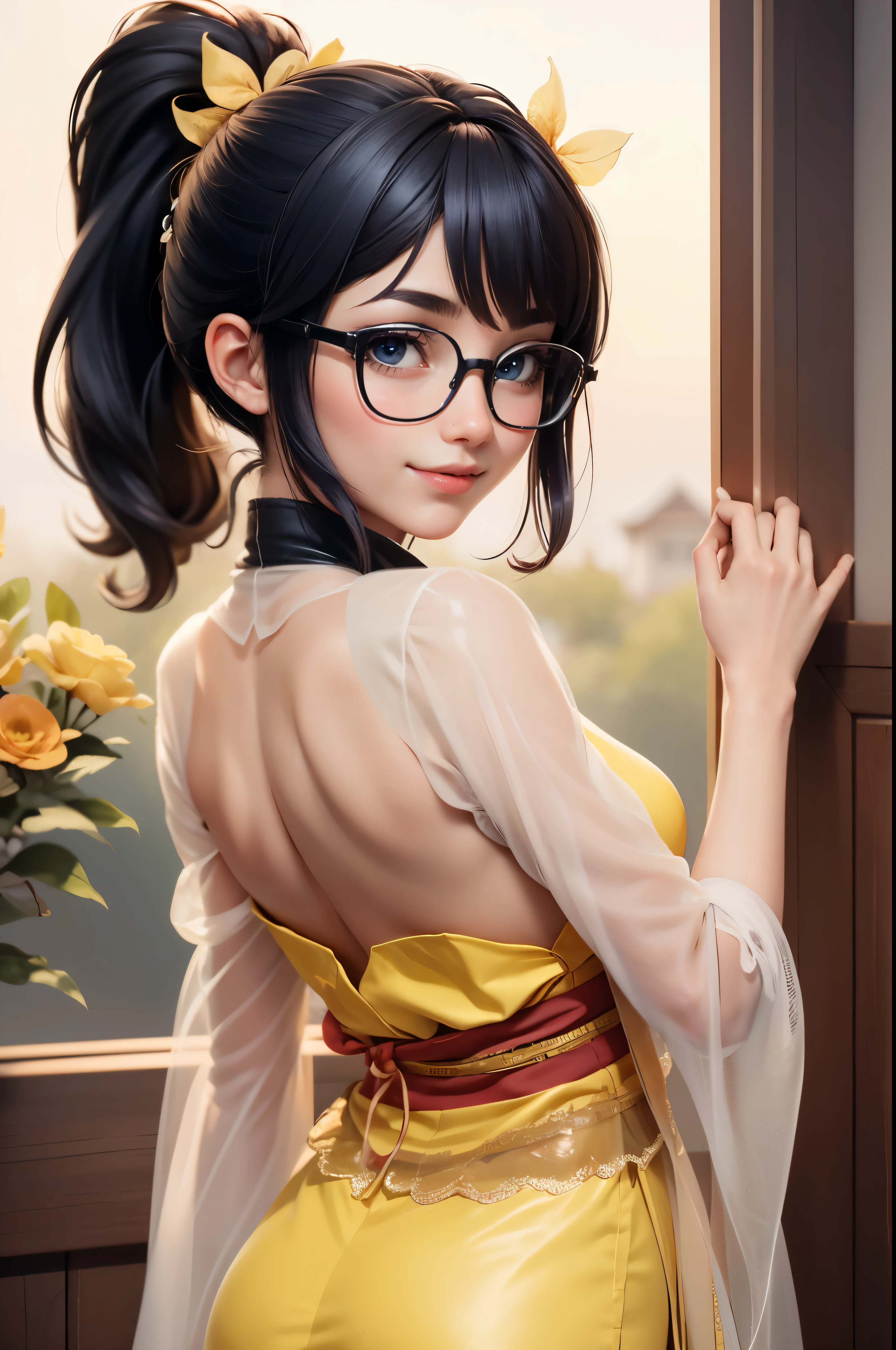((upper body image, from behind)), lovely woman, black hair in a ponytail, smooth, hair accessories, wear glasses, smile brightly, small breasts, Thin waist, ((Wear Hanfu(see through) )Many layers of intricate details (pastel yellow))), Clothes flutter in the wind., seductive dance, The background is an island with only peach trees in bloom., Many peach blossom petals flutter., morning light, anime, High quality