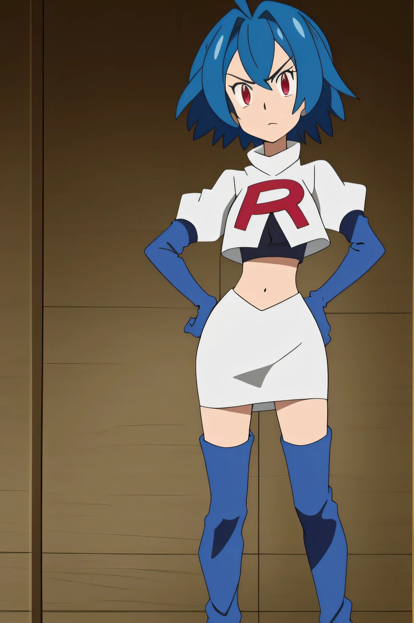 (exceptional, best aesthetic, new, newest, best quality, masterpiece, extremely detailed),Ruti, 1girl, solo, ribbon, hair ribbon, short hair, red eyes, blue hair, ahoge, multicolored hair, gradient hair, jewelry, bangs, expressionless, looking at viewer, hair between eyes,masterpiece, best quality, highres,team rocket uniform, red letter r, white skirt, white crop top, black thigh-high boots, black elbow gloves, glaring angrily, looking at viewer, hands on hips, full body seen, zettai ryouiki