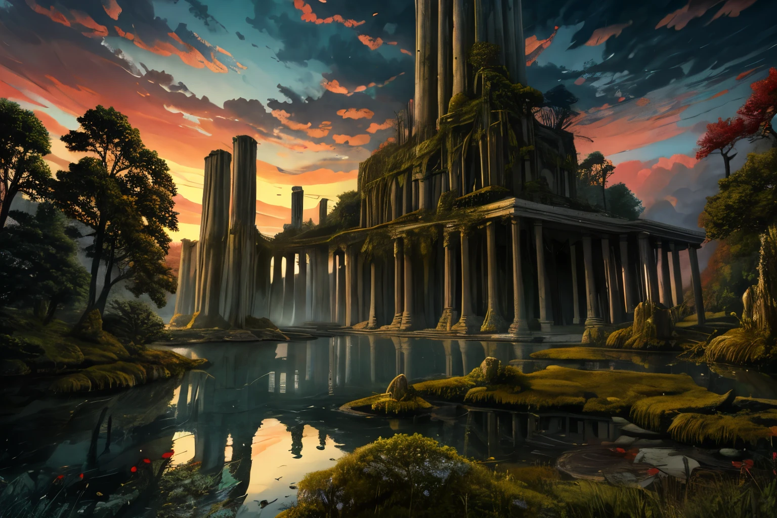 (best quality:1.5), surreal, intricate details, 8k, fantasy, vintage art style, LODBG, devoid of humans, outdoor, sky, clouds, water, trees, clouds against the sky, nature, landscape, reflections, sunset, ruins, pillars, moss-covered, overgrown with weeds, volumetric lighting, perfect composition, extremely detailed, exquisitely crafted scenery, (ultra-detailed)